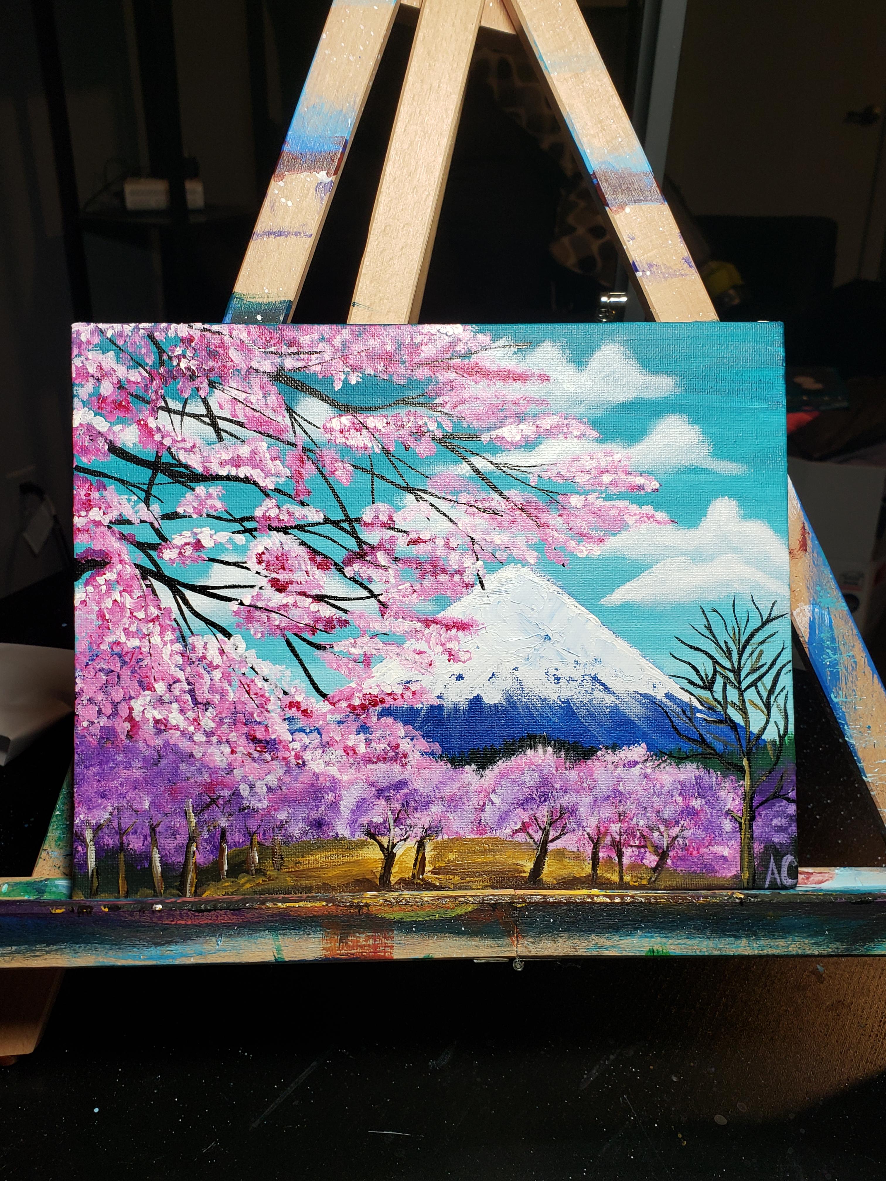 Mount Fuji and Cherry Blossoms acrylic painting. r/learnart