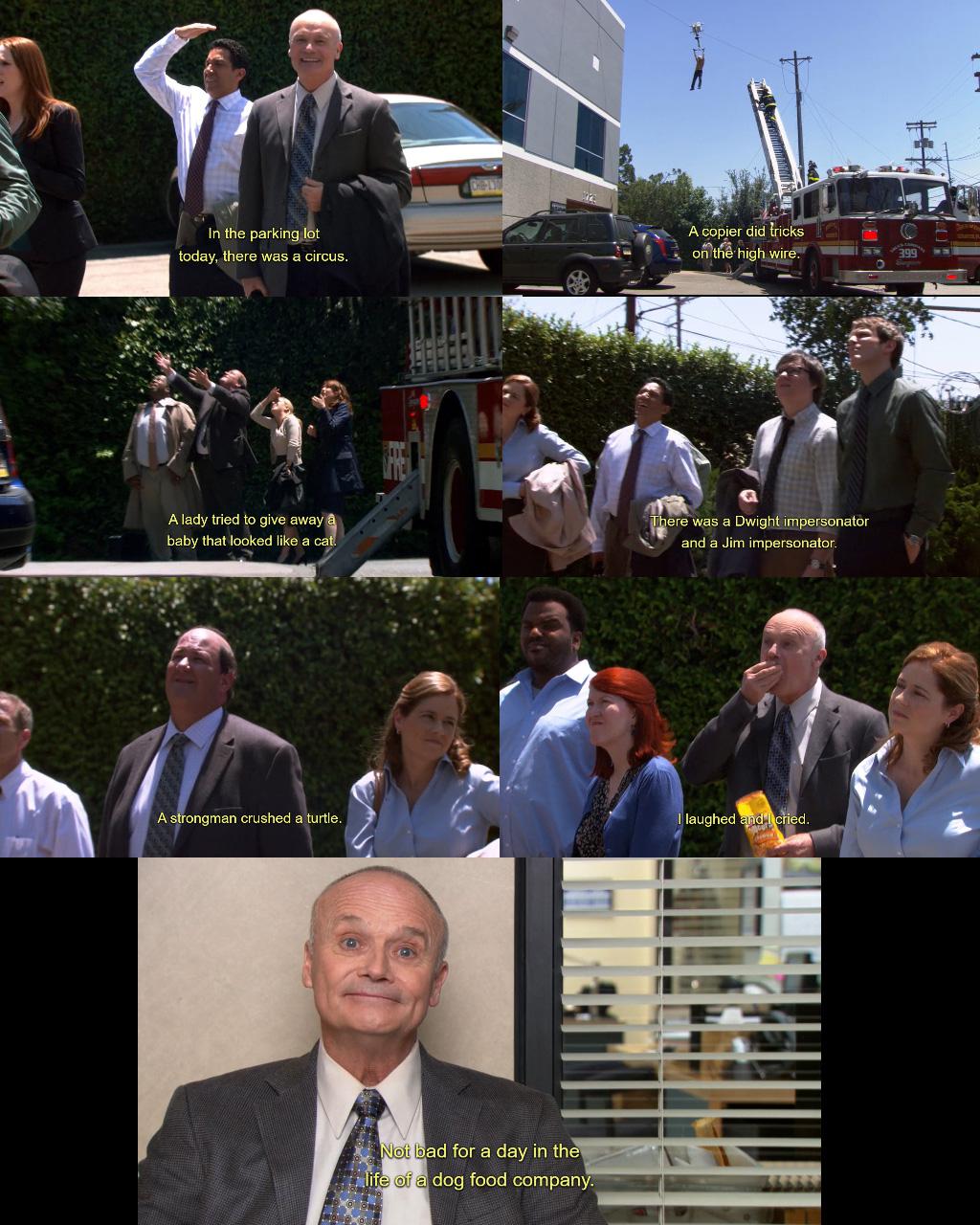 Creed enjoying the circus at a dog food company. r/DunderMifflin