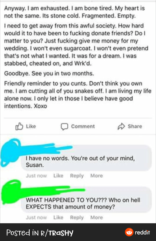 Bride cancels wedding because friends wouldn't donate 1500 each..!? r/FuckYouKaren