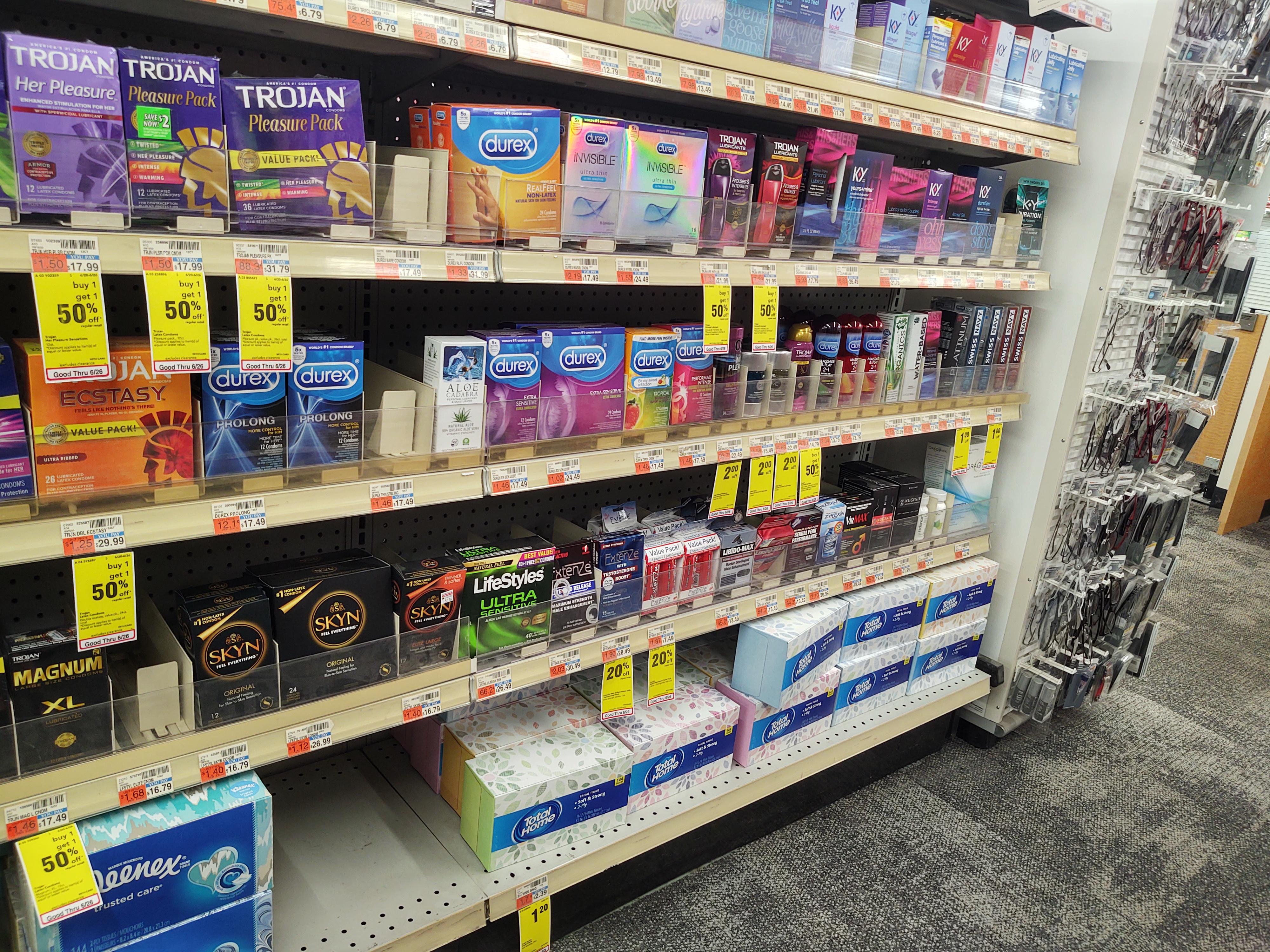 This guys CVS pharmacy puts tissues under the condoms and lube. r