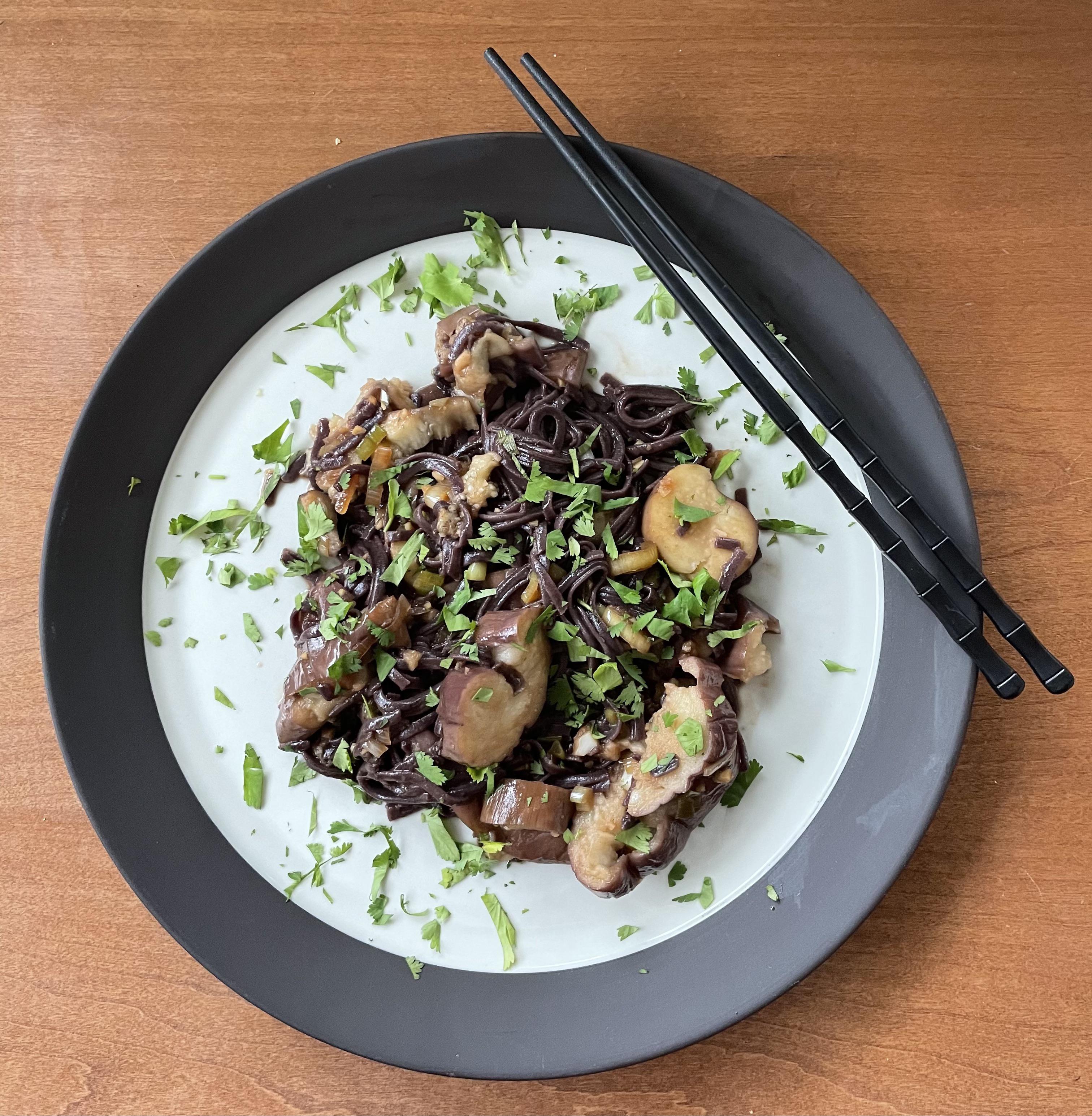 Steamed Chinese eggplant over black rice noodles r/tonightsdinner