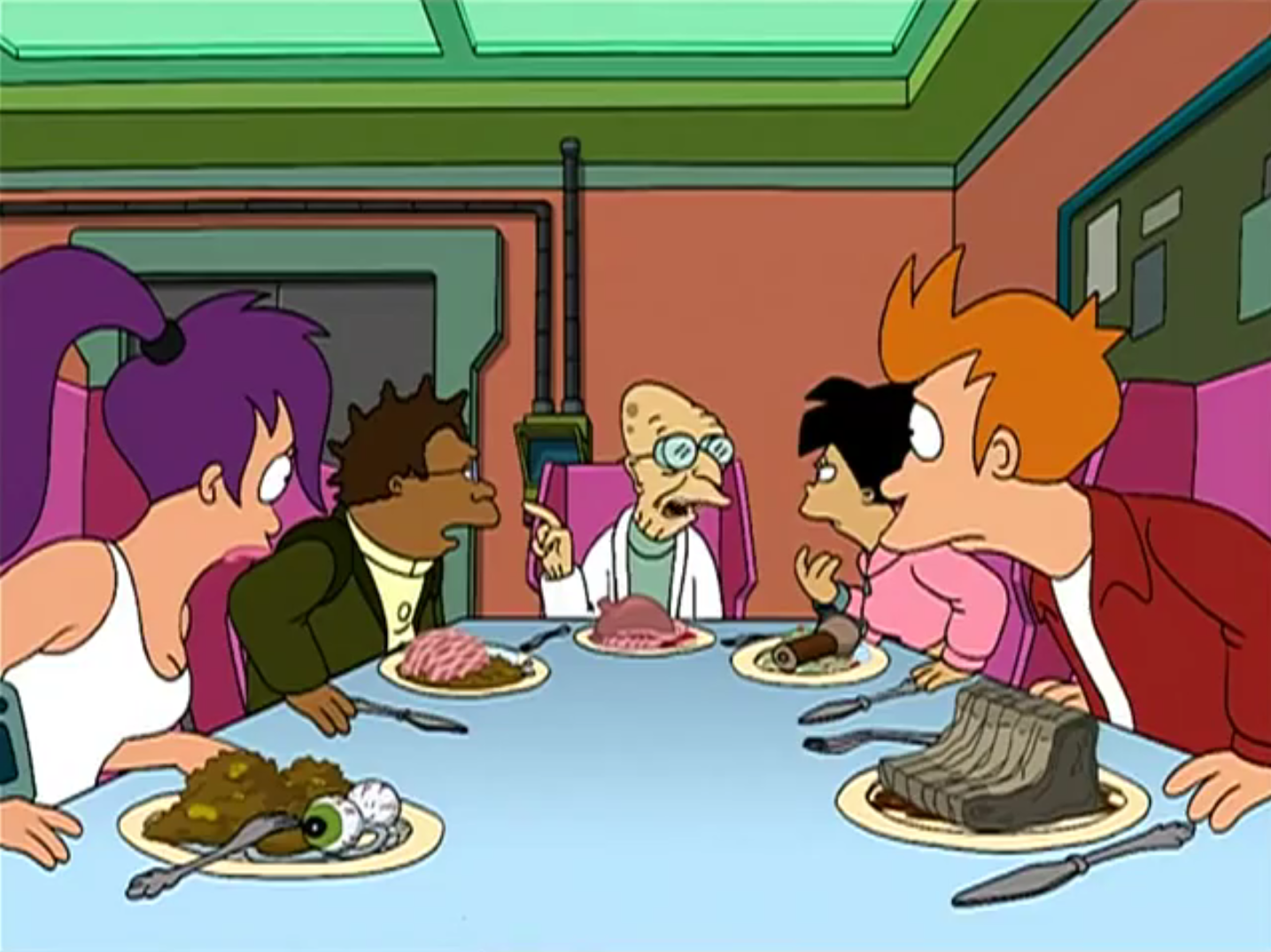 In episode "The 30 Iron Chef", Bender personalized the crew's meals