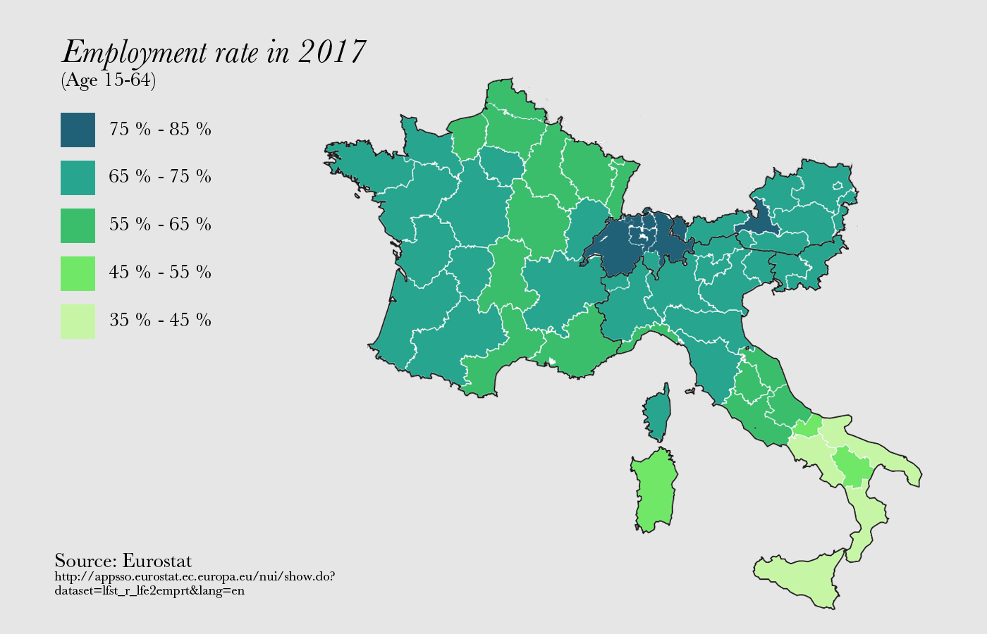 Employment rate of Italy and neighbouring countries on regional level