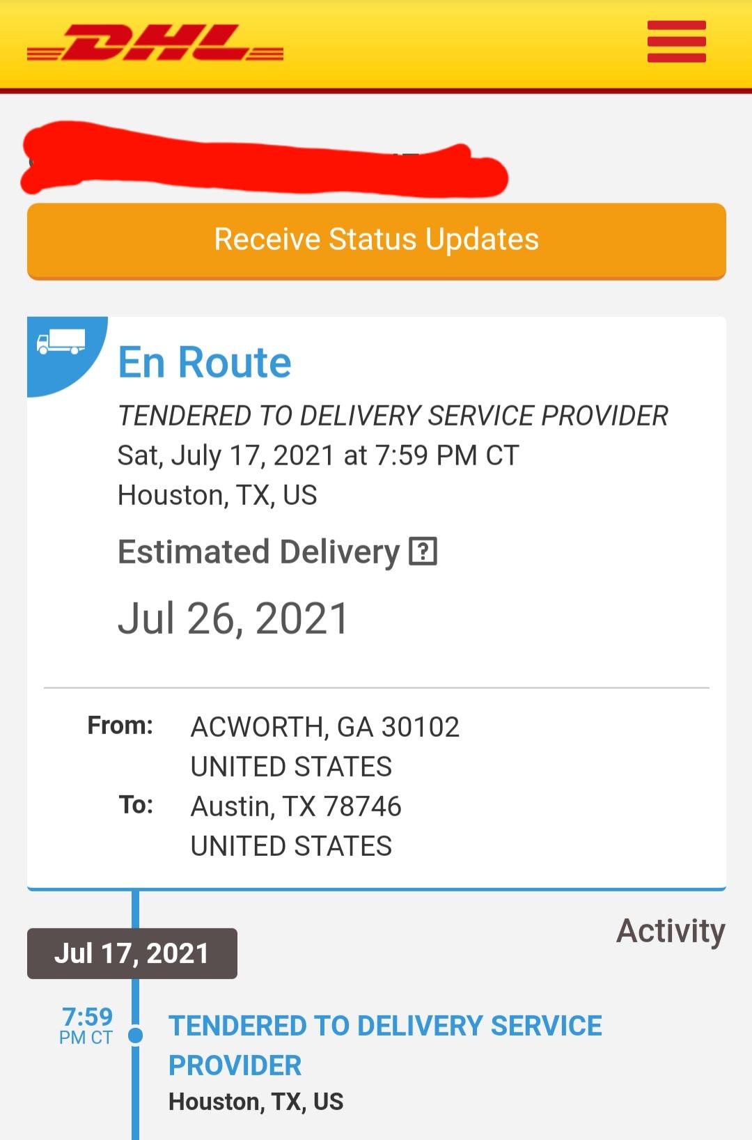 *sigh* Only DHL can start shipping a domestic package on July 8th and have a scheduled delivery