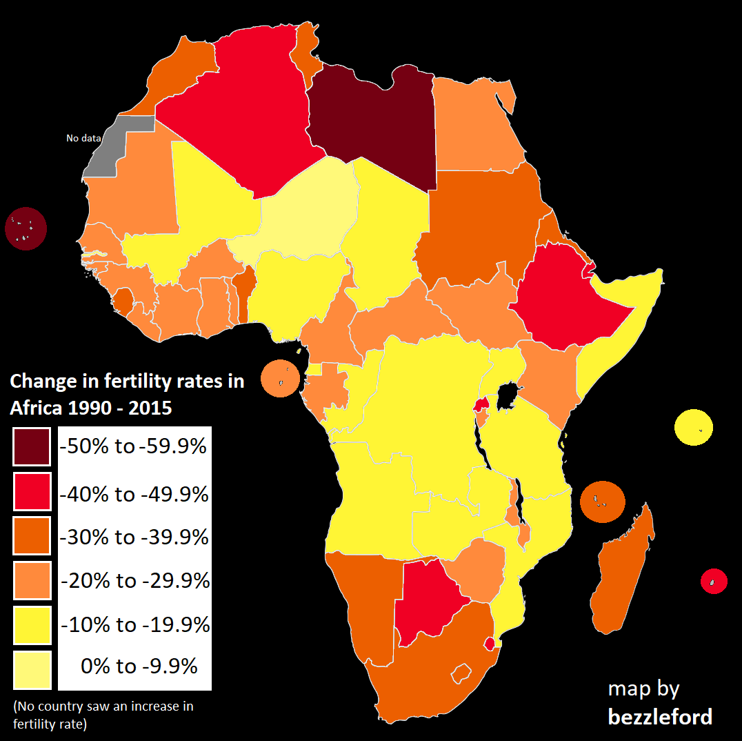 Change in fertility rate in Africa 19902015 [OC] [1076 x 1074] r/MapPorn