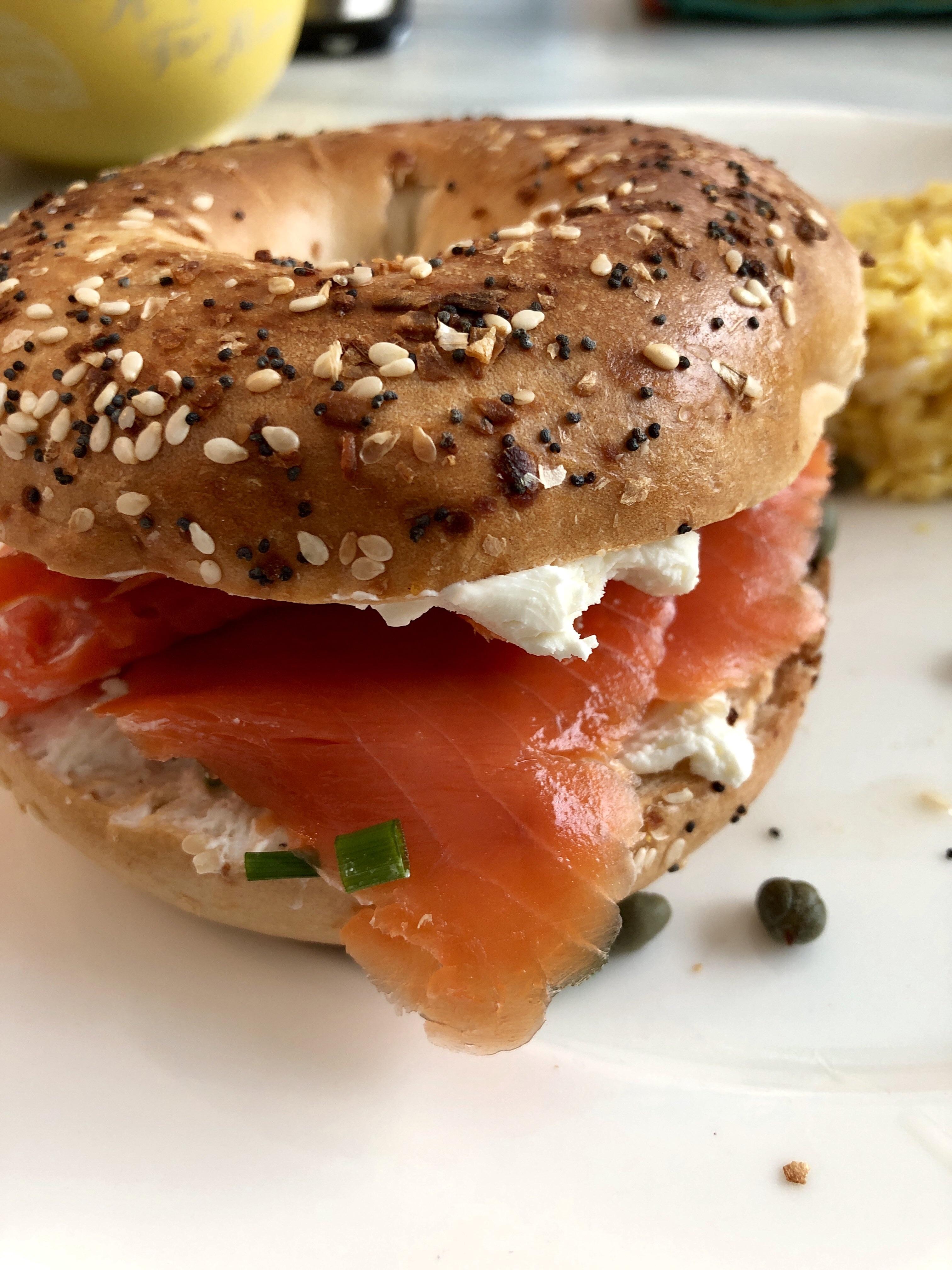 Smoked salmon, cream cheese, chives, capers, on an everything bagel