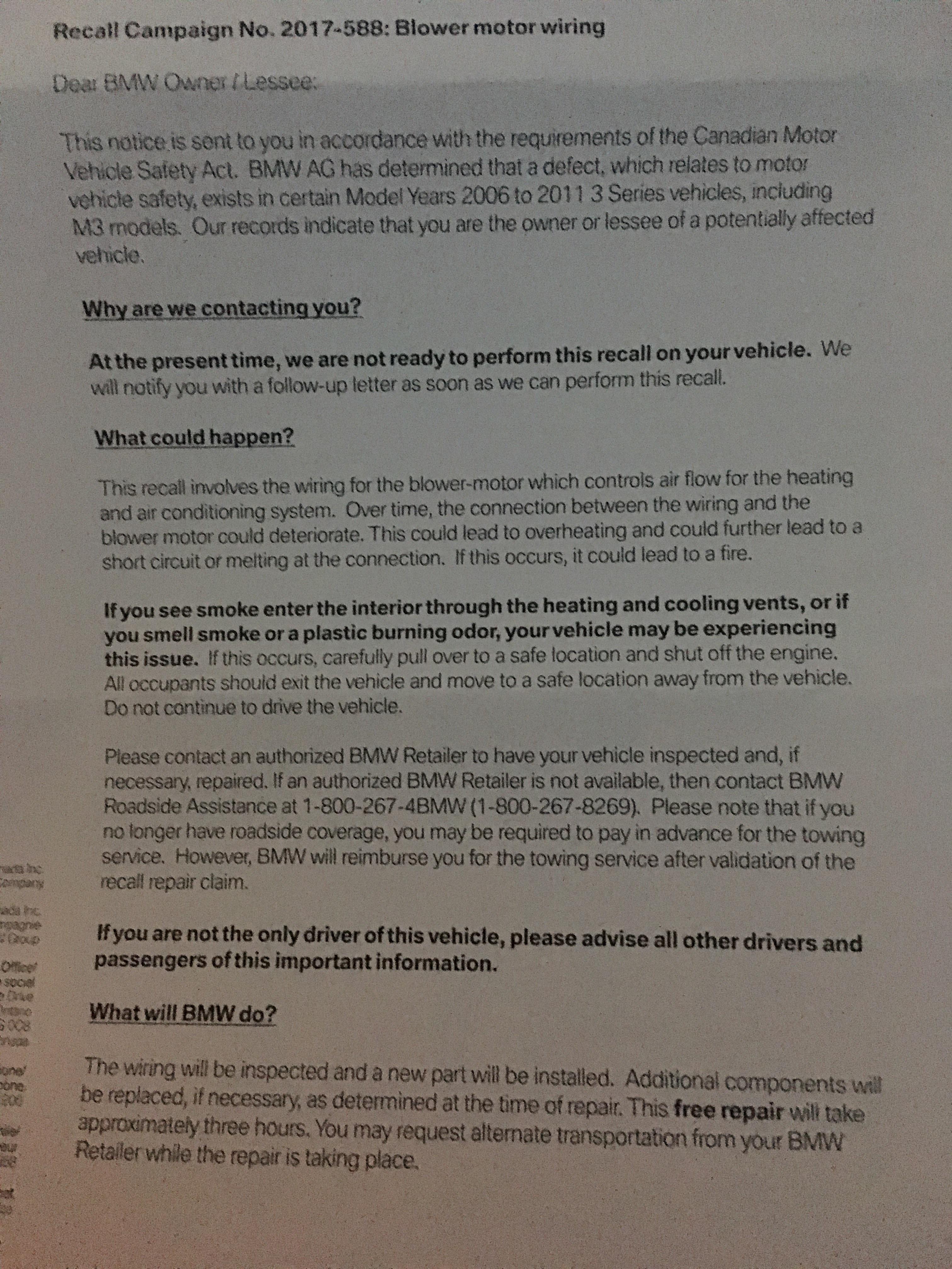 Letter from Bmw regarding blower motor recall. : r/E90