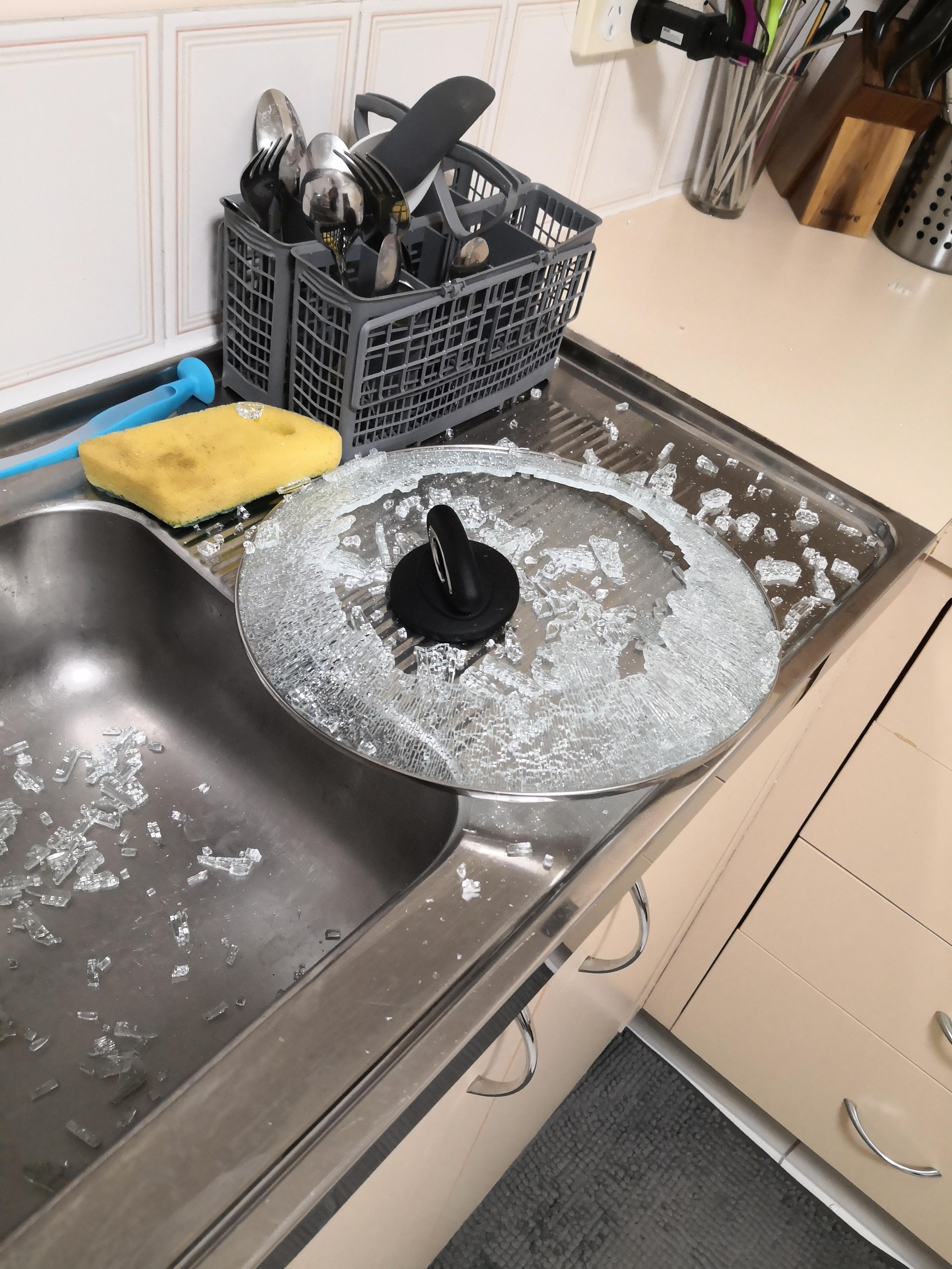 Woke up to a loud BANG. Glass pan lid just exploded in my kitchen for