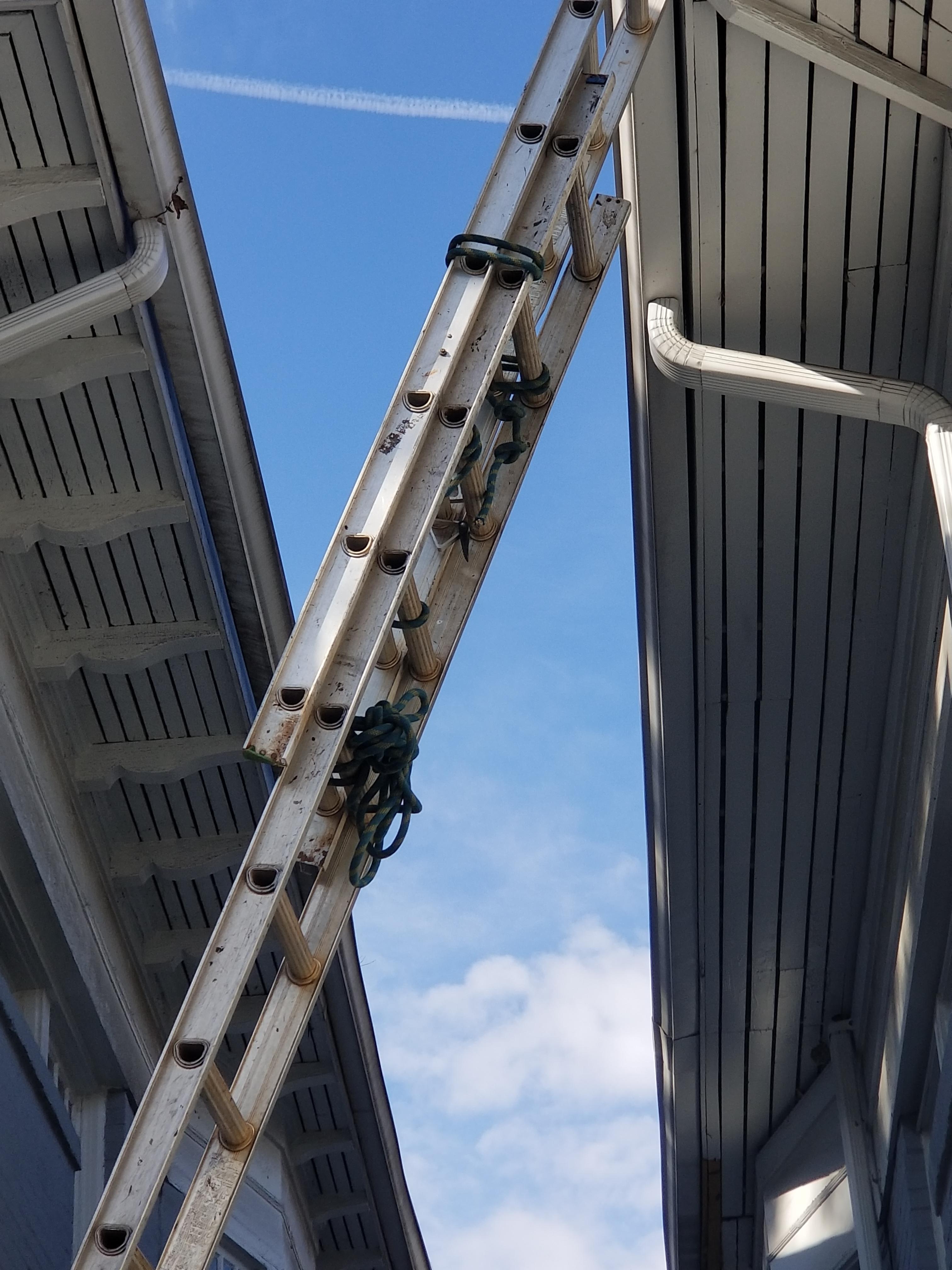 Extension ladder not long enough? Tie another ladder to it! r/OSHA