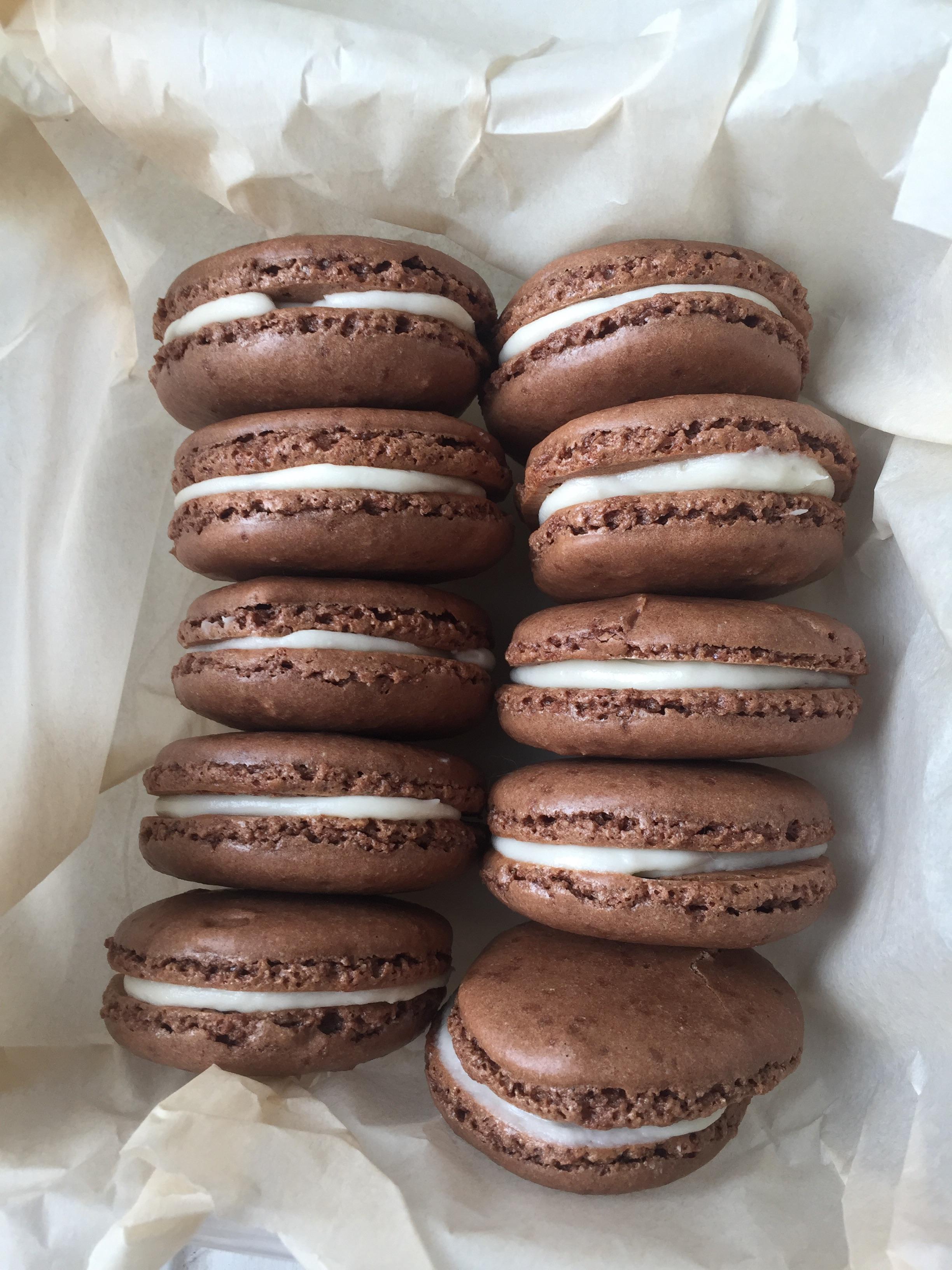 First time making macarons! Chocolate macarons with vanilla buttercream