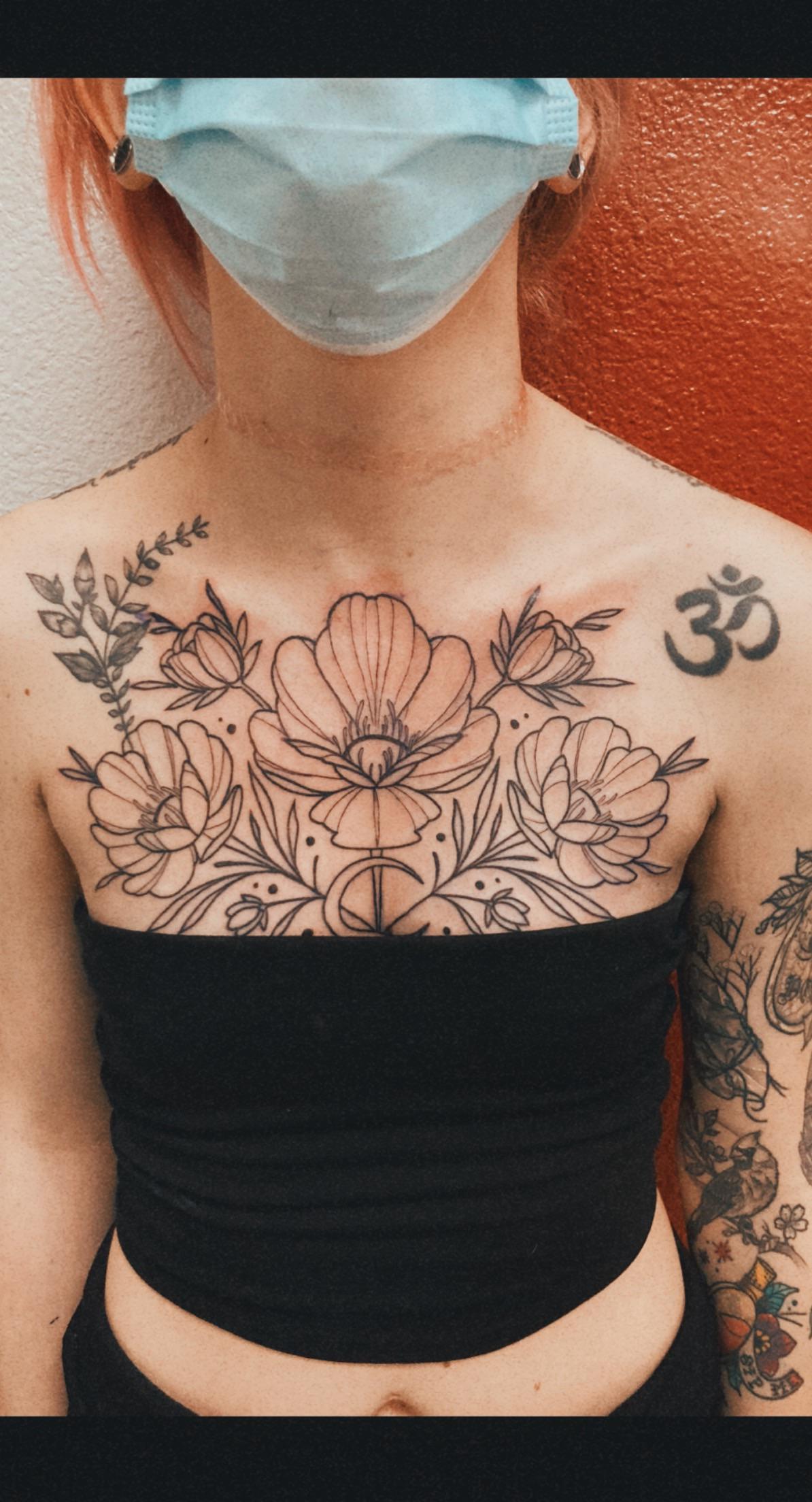 first session of my floral chest piece by Jess in Tampa, FL (ig spooky