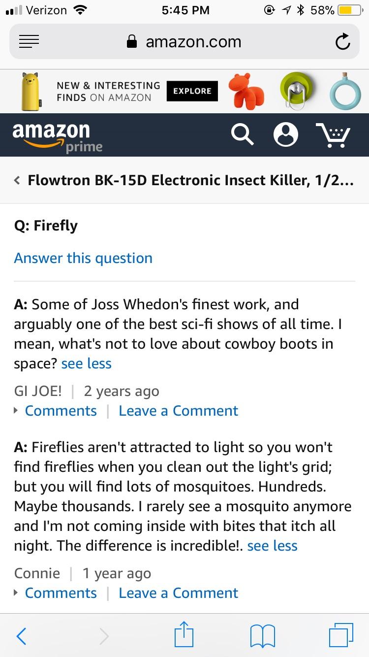 This answer to a question for a bug zapper on Amazon firefly