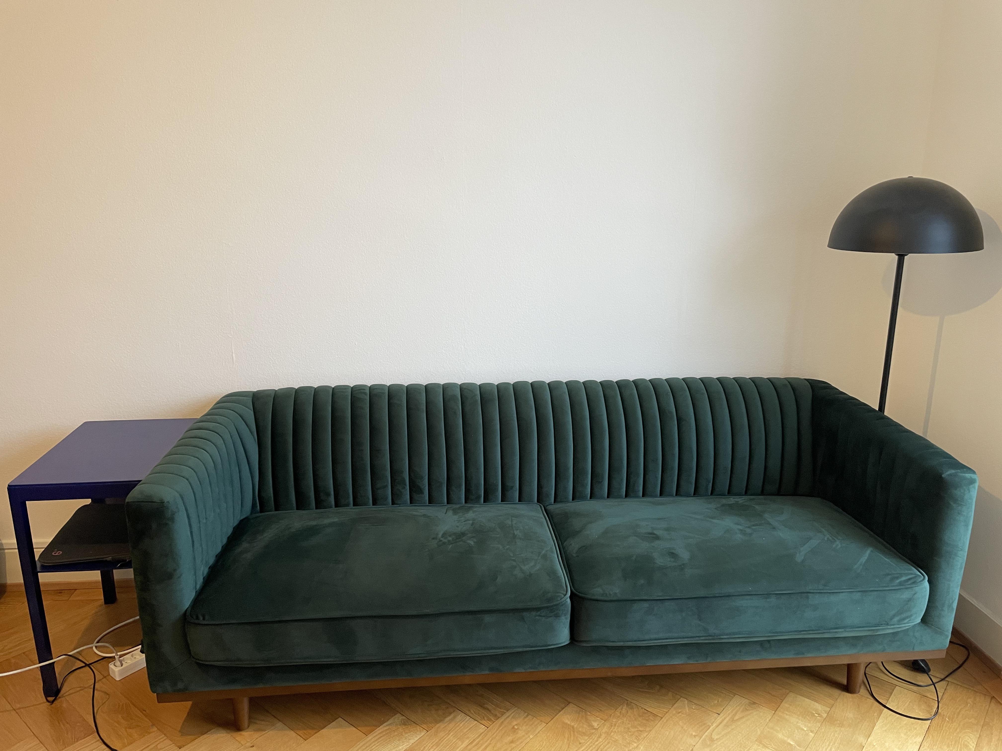 Just moved in! What type of rug would go well with this green velvet