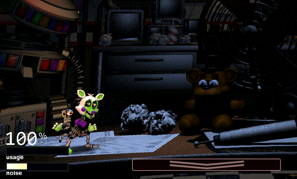 I was playing UCN (doing awfully) and I randomly saw mangle from fnaf world on my desk doing her