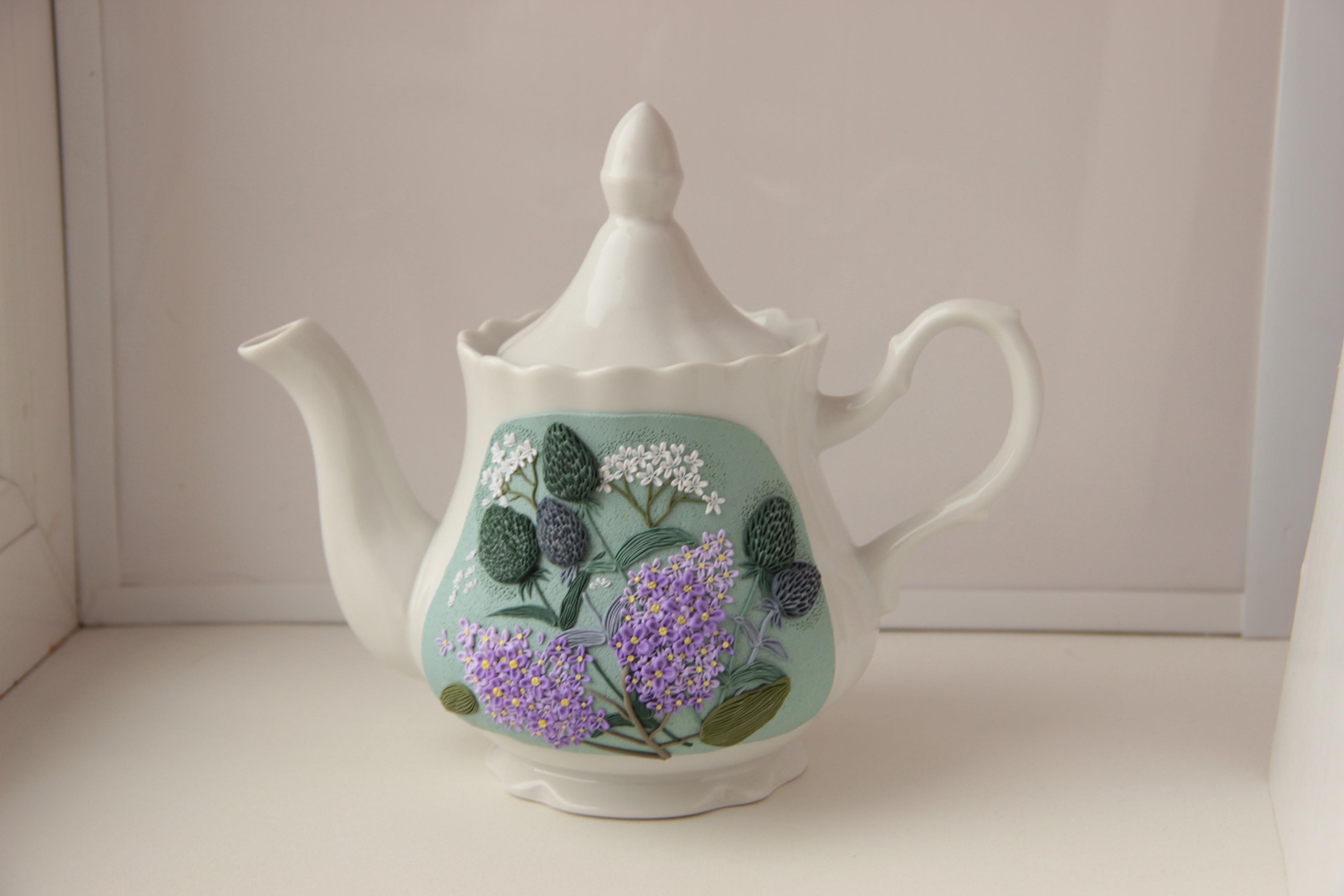 Ceramic kettle with flowers, hand made, polymer clay, teapot with