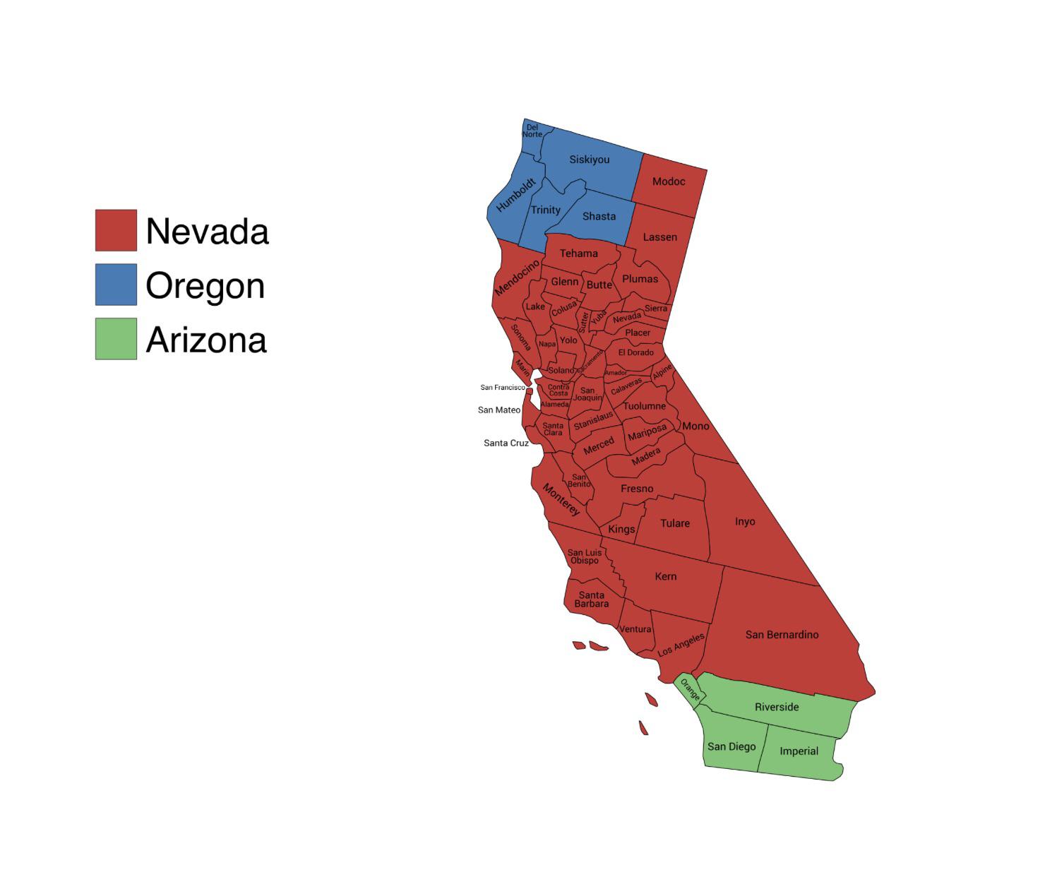 Closest state to California (By county seat) r/MapPorn