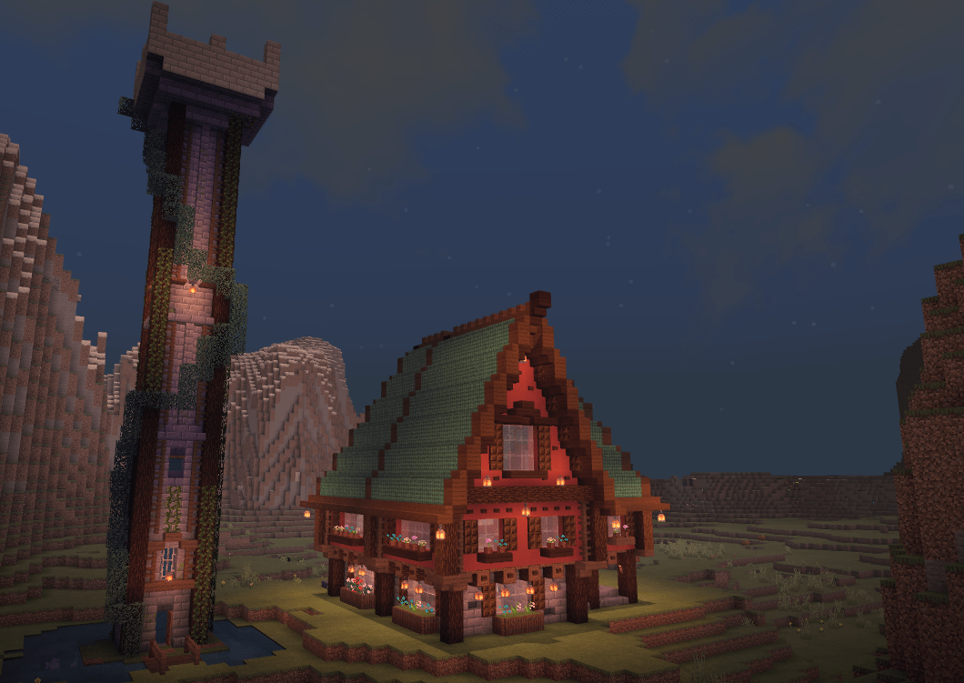 I made a cute house with a very pretty copper roof (Prismarine). My