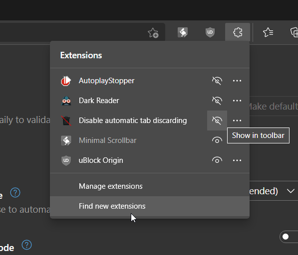 Edge's extensions menu. Windows10