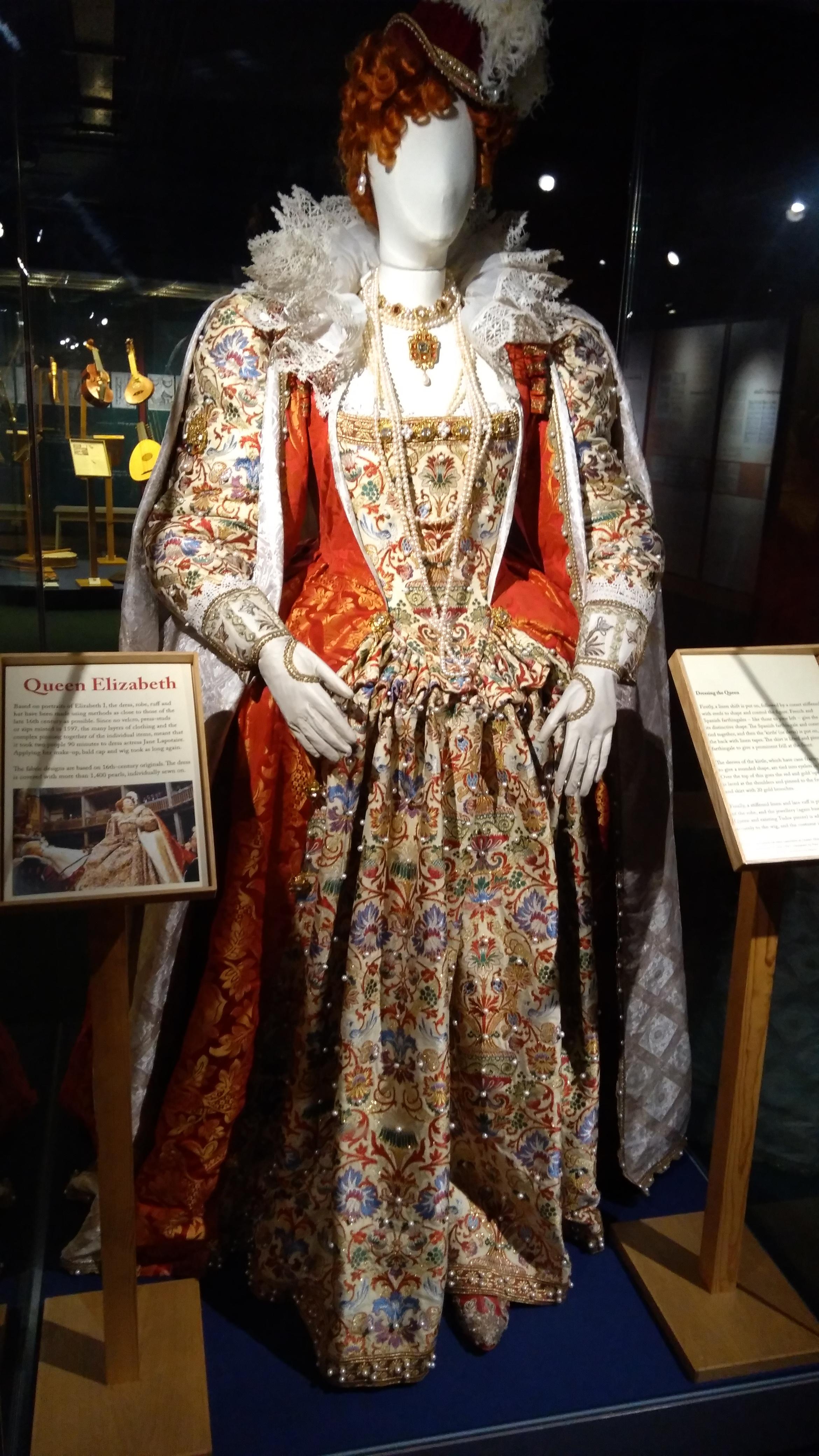 Queen Elizabeth costume on display at the Shakespeare globe in London