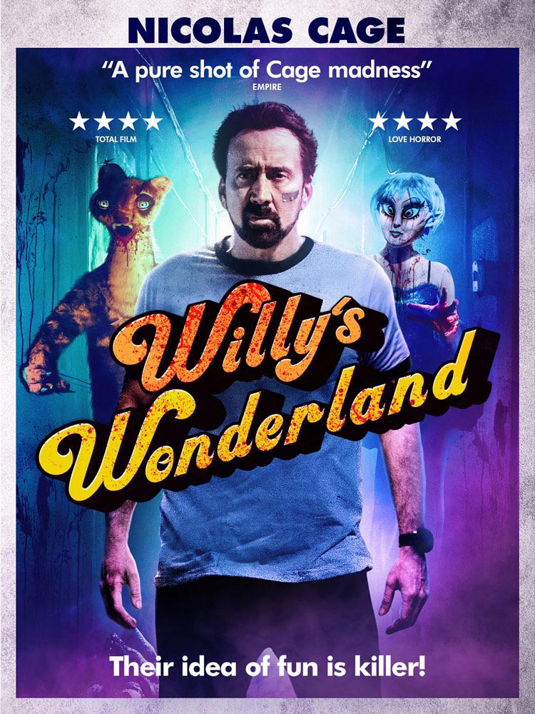 U.K. poster for Willy’s Wonderland Nic Cage Vs. evil animatronics r