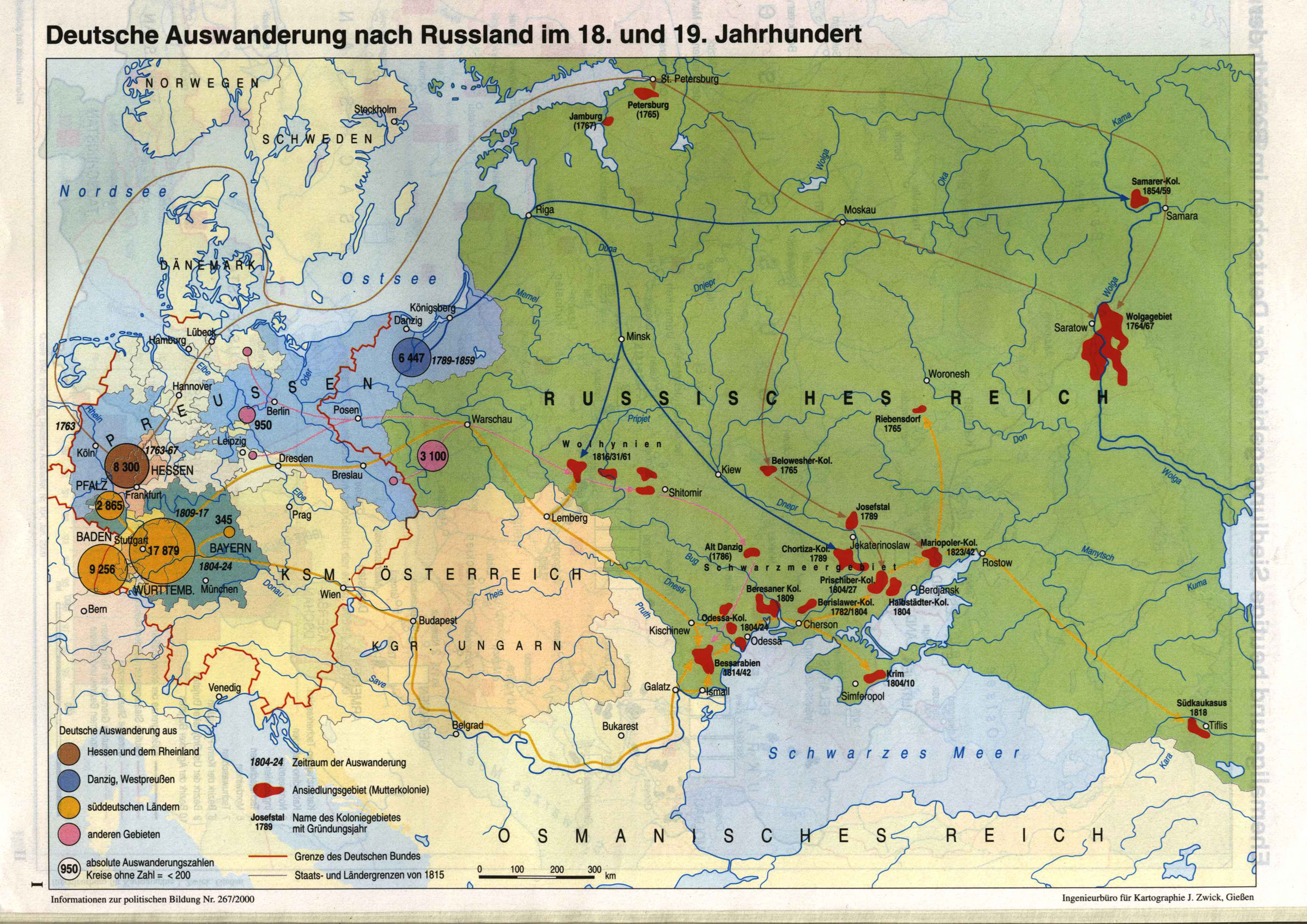 German people migration routes and areas of settlements in Russia