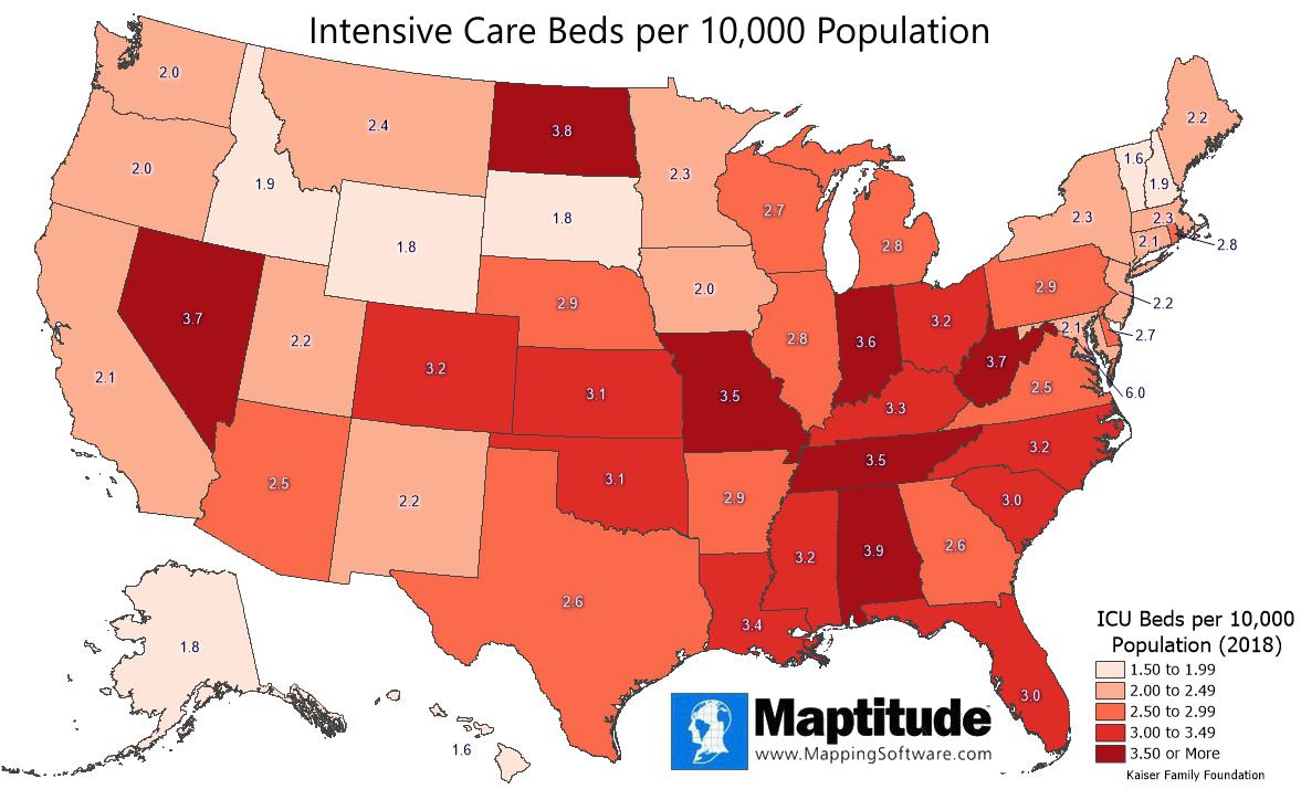 ICU Beds by State intensive care beds per 10K population. ICU bed