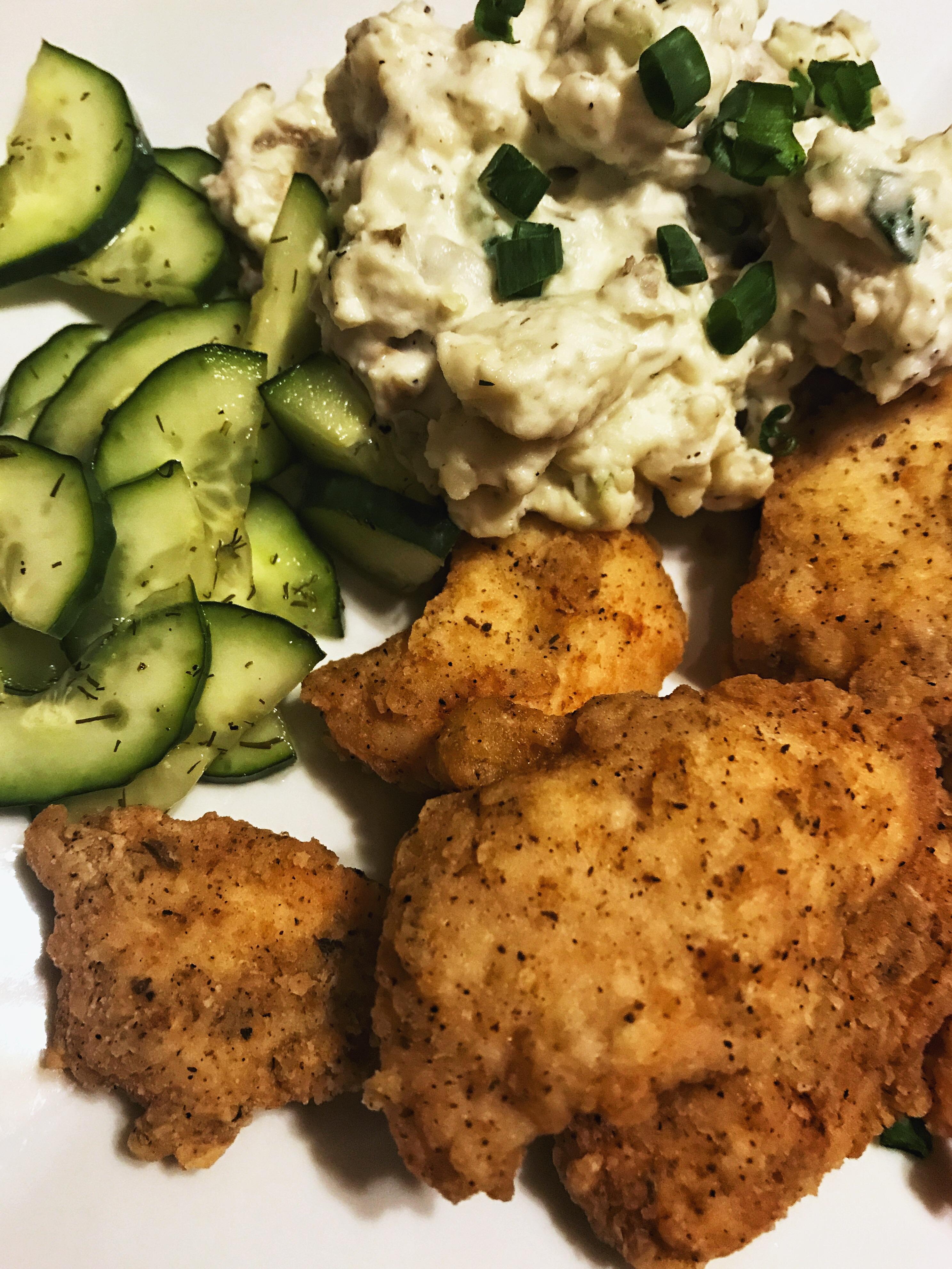 [Homemade] Fried chicken, marinated cucumbers, and potato salad r/food