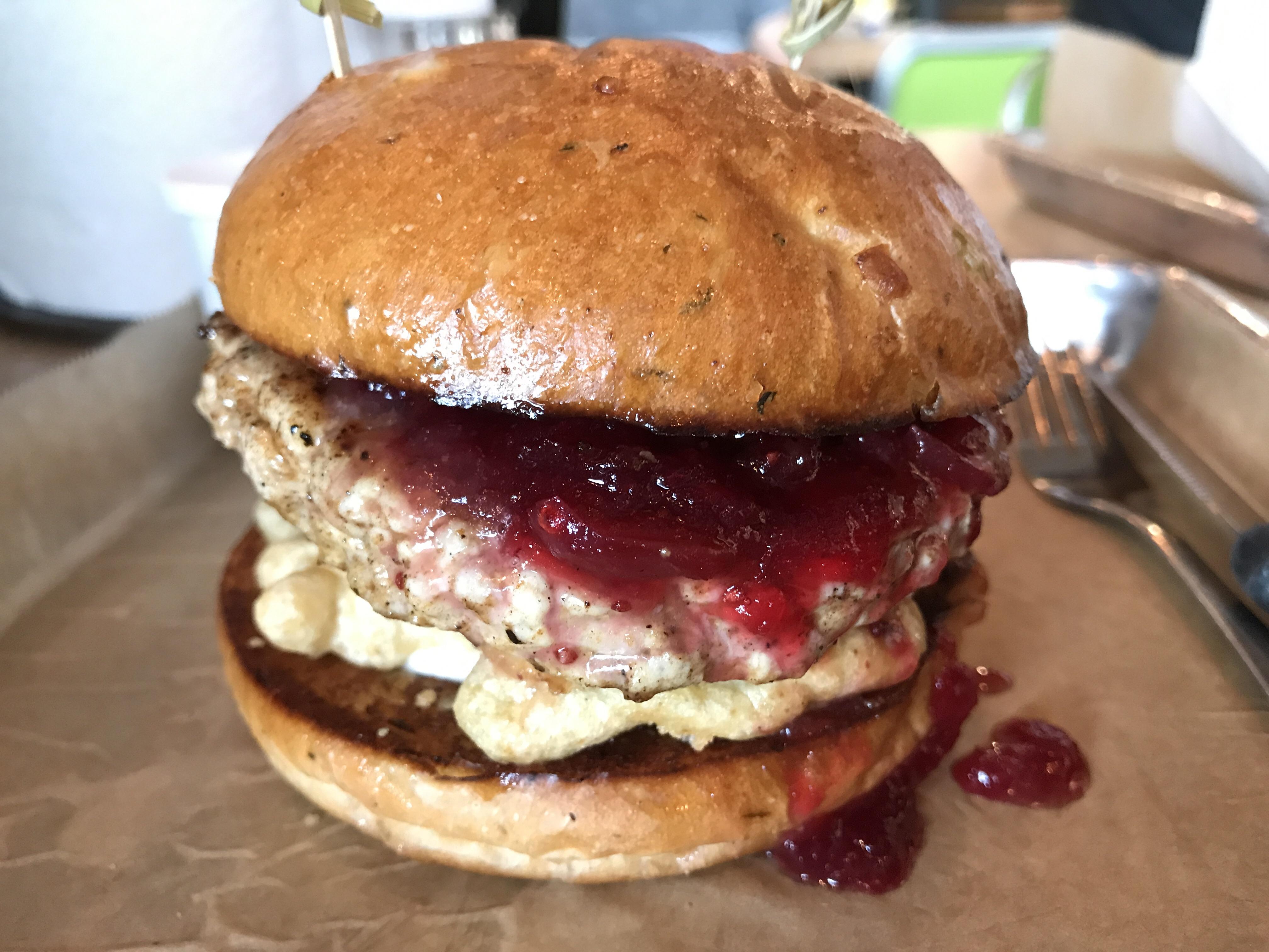 [OC] The Turducken Burger Turkey, Duck, and Chicken Patty, Tempura Green Beans, Cranberry Sauce