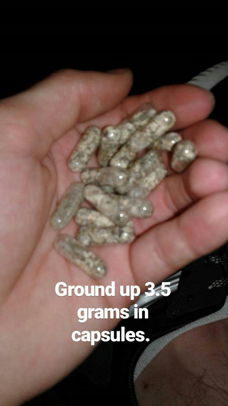 Ground up 3.5 grams in capsules. shrooms