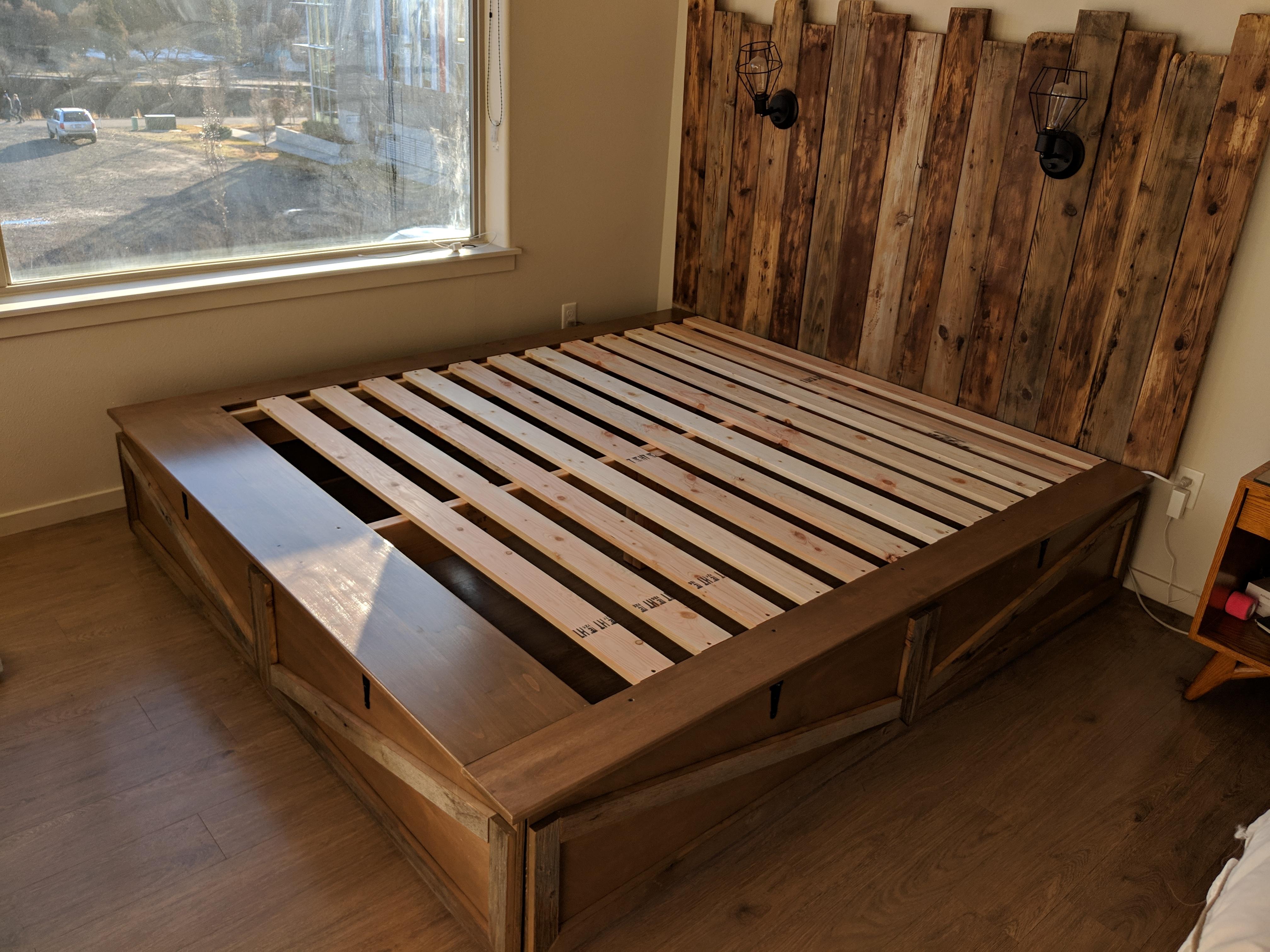 Platform bed frame with alder and barnwood trim, from Christmas