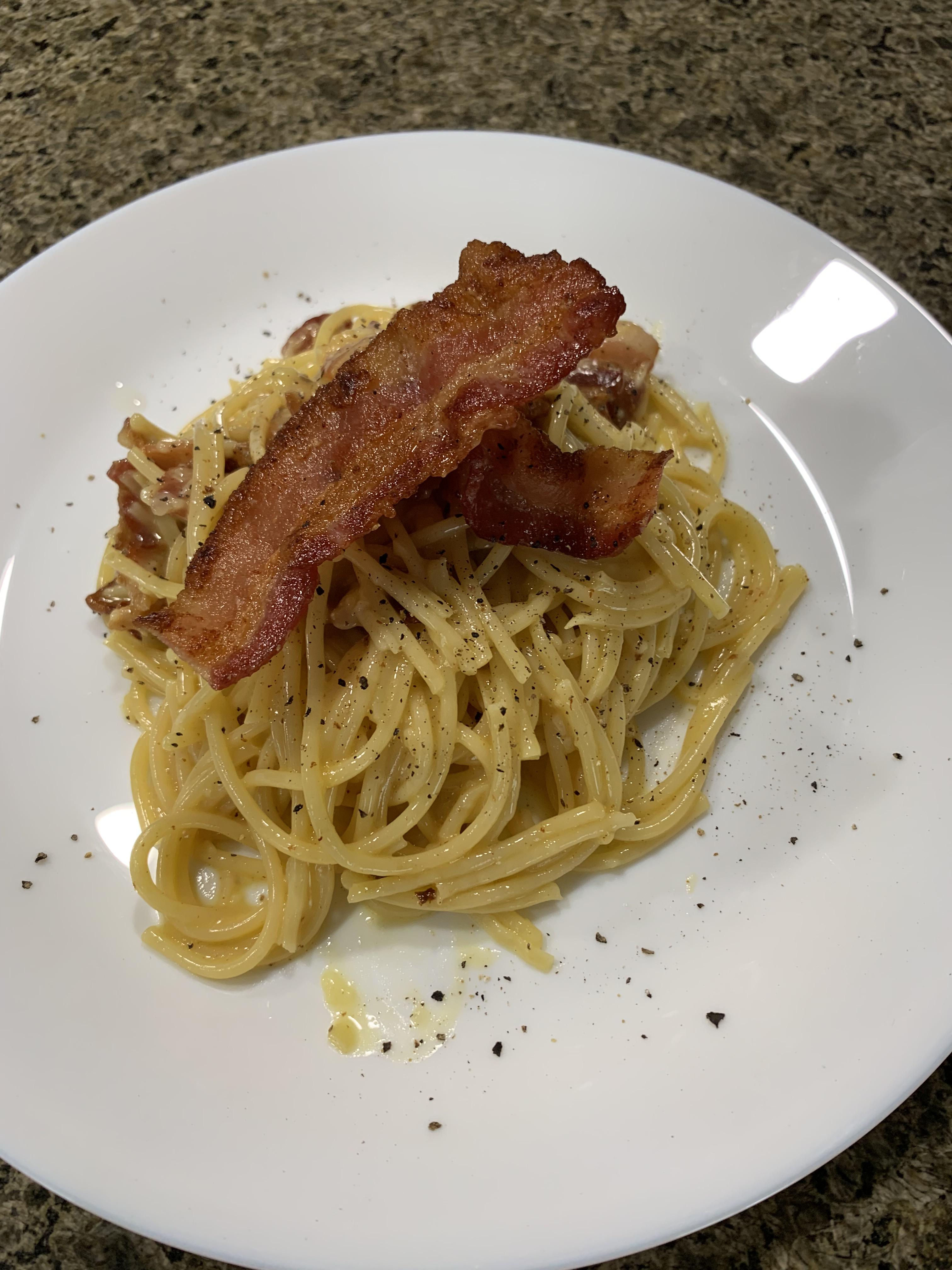[homemade] pecorino romano bacon carbonara r/food