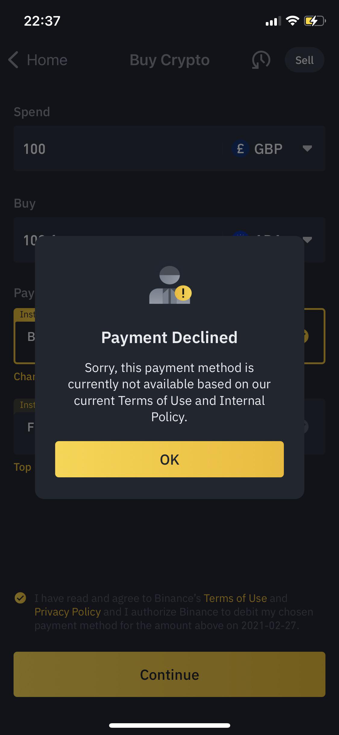 I am suddenly unable to use my debit card to buy crypto and deposit GBP