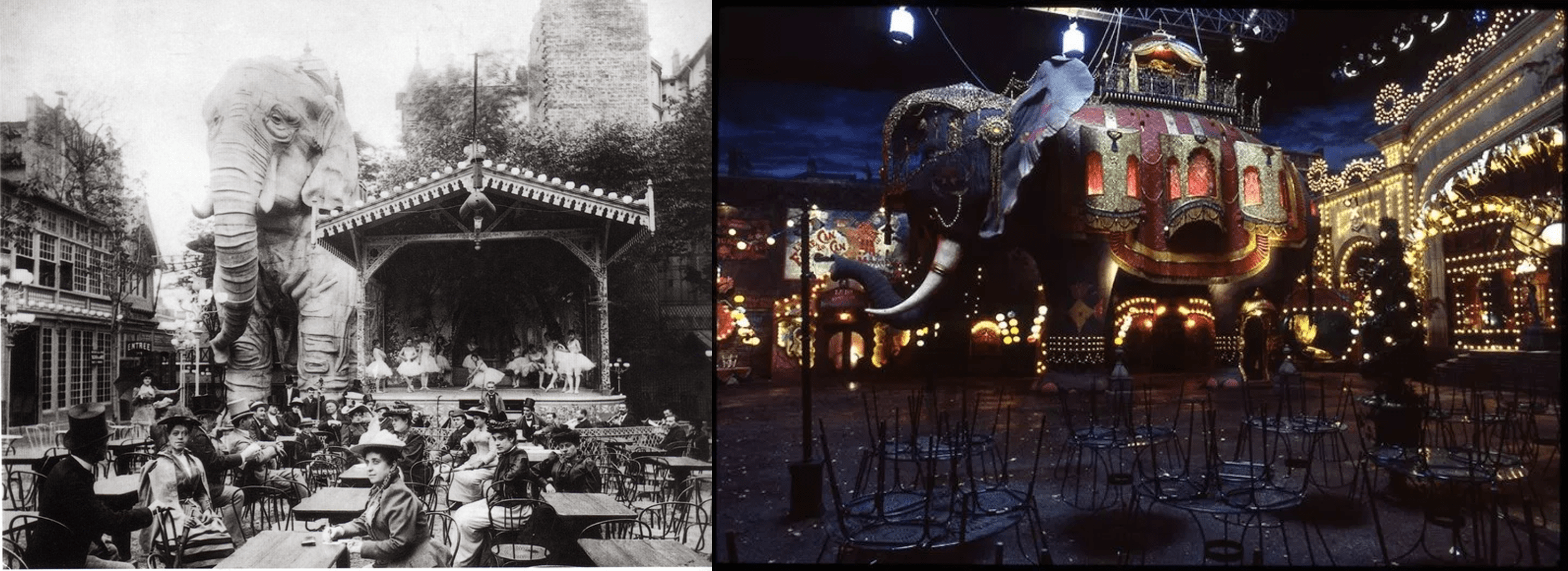 In Moulin Rouge (2001), the courtyard of the club has a large prop