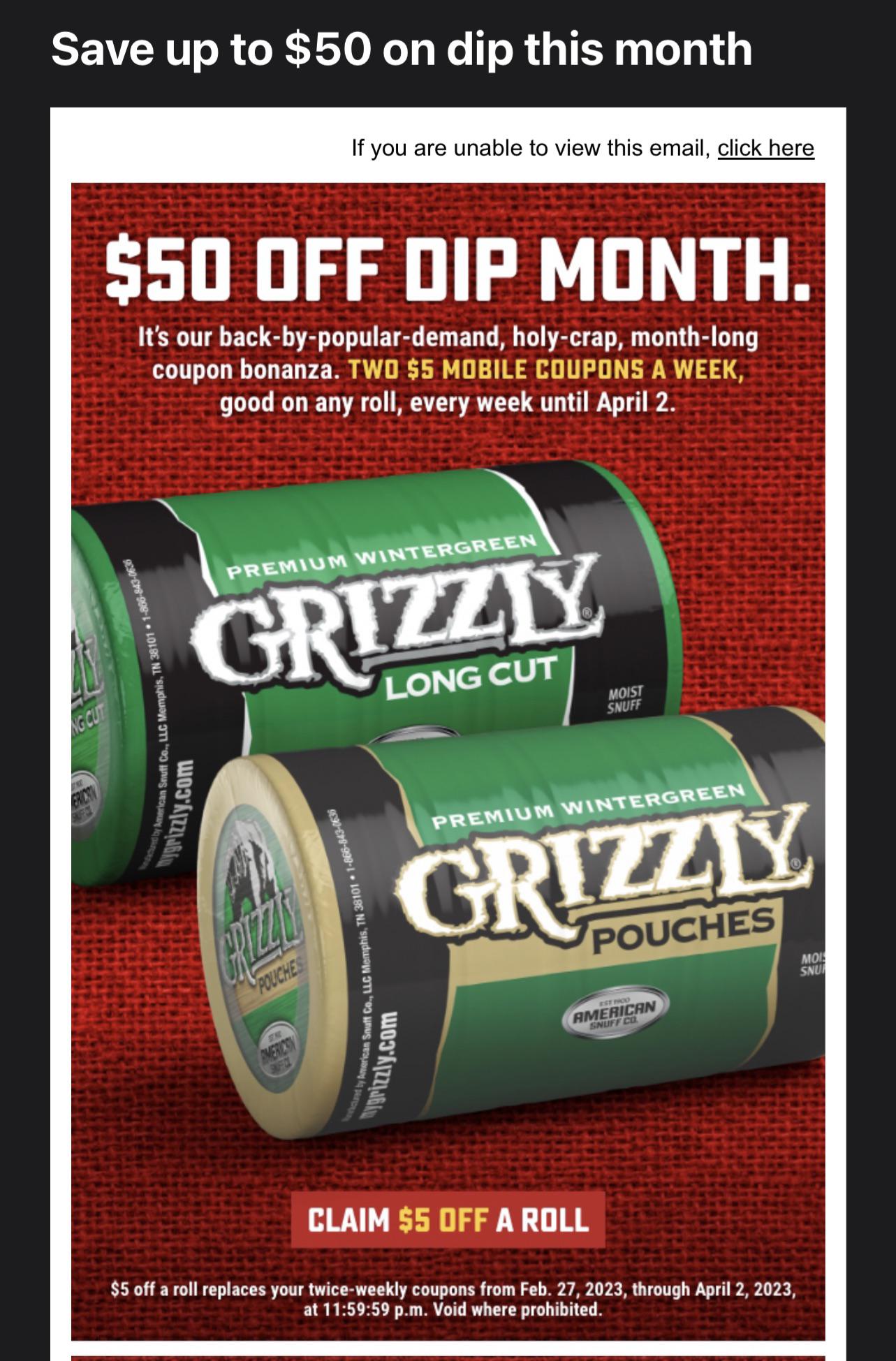 Grizzly coupons r/DippingTobacco