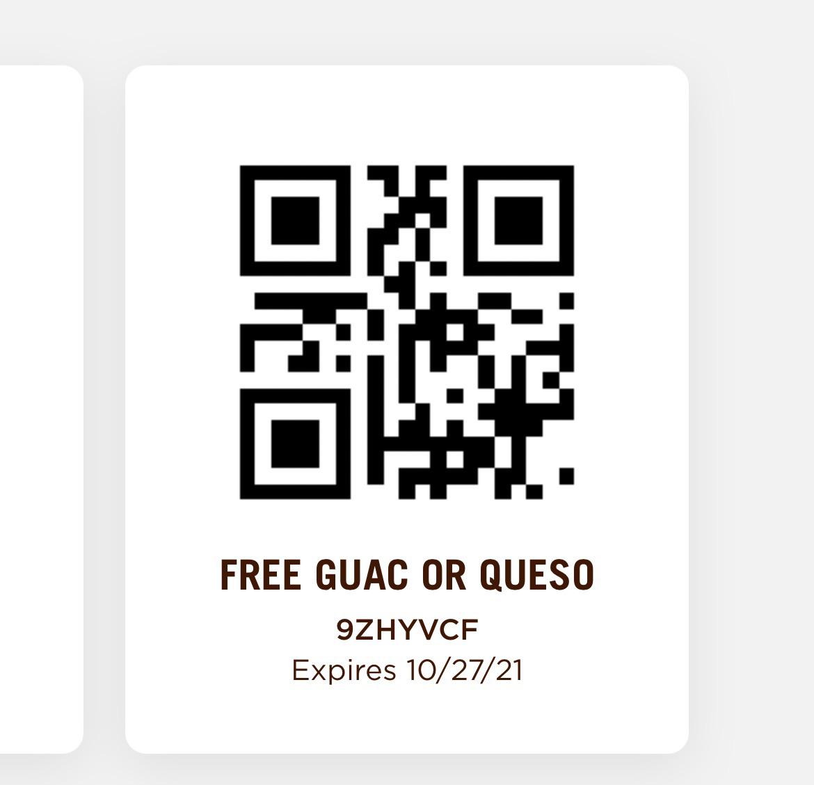 If anyone wants this free guac / queso coupon it expires today r/Chipotle