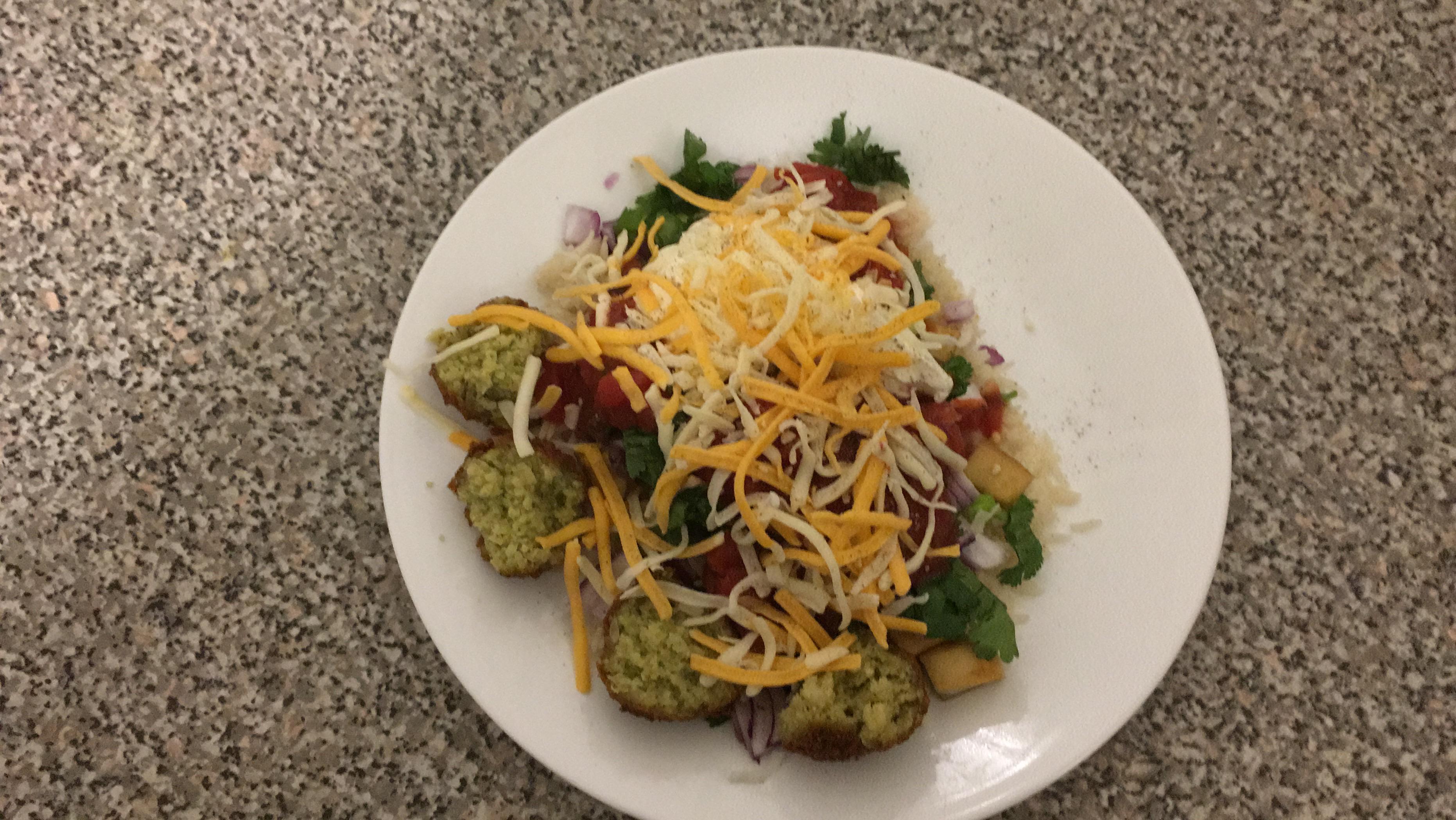 home made burrito plate with some falafel for added protein. vegetarian