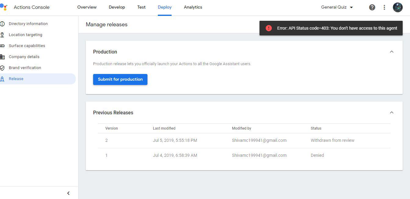 Plz. help me I am getting Error API Status code=403. You don't have access to this agent. r