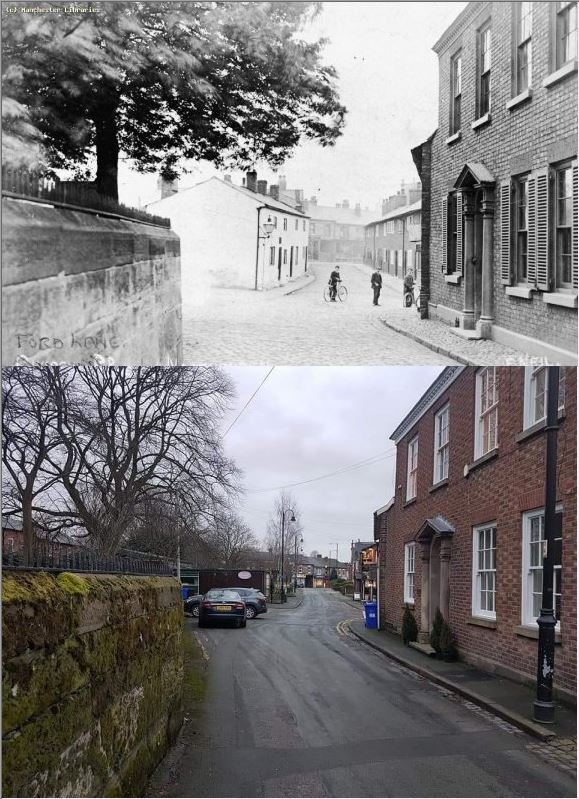 Ford Lane, Northenden 1905 and Ford Lane 22/1/2018. I wonder what those