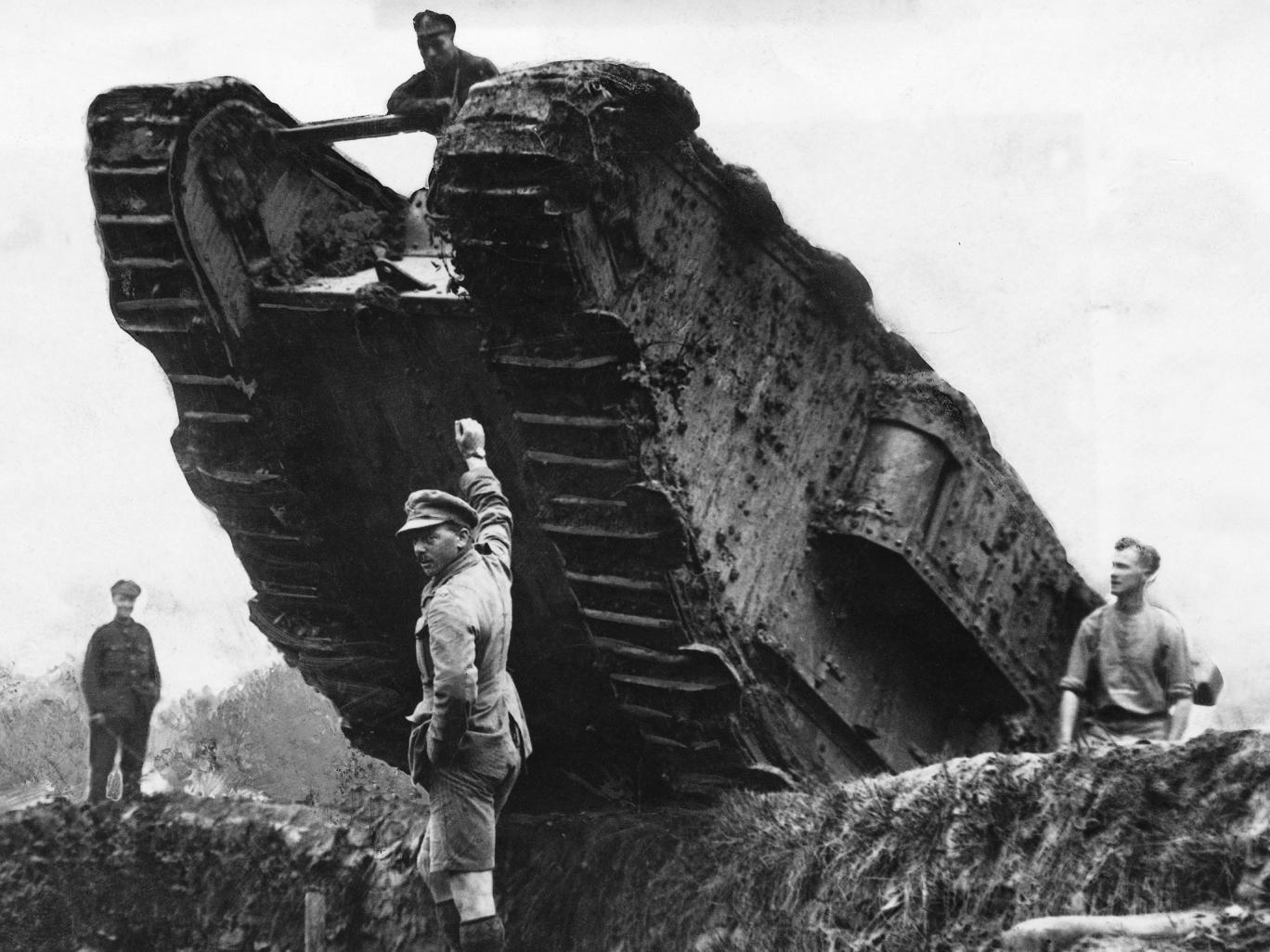 Crew of a tank cross a deep trench, probably 1917[1368x1026] r/HistoryPorn