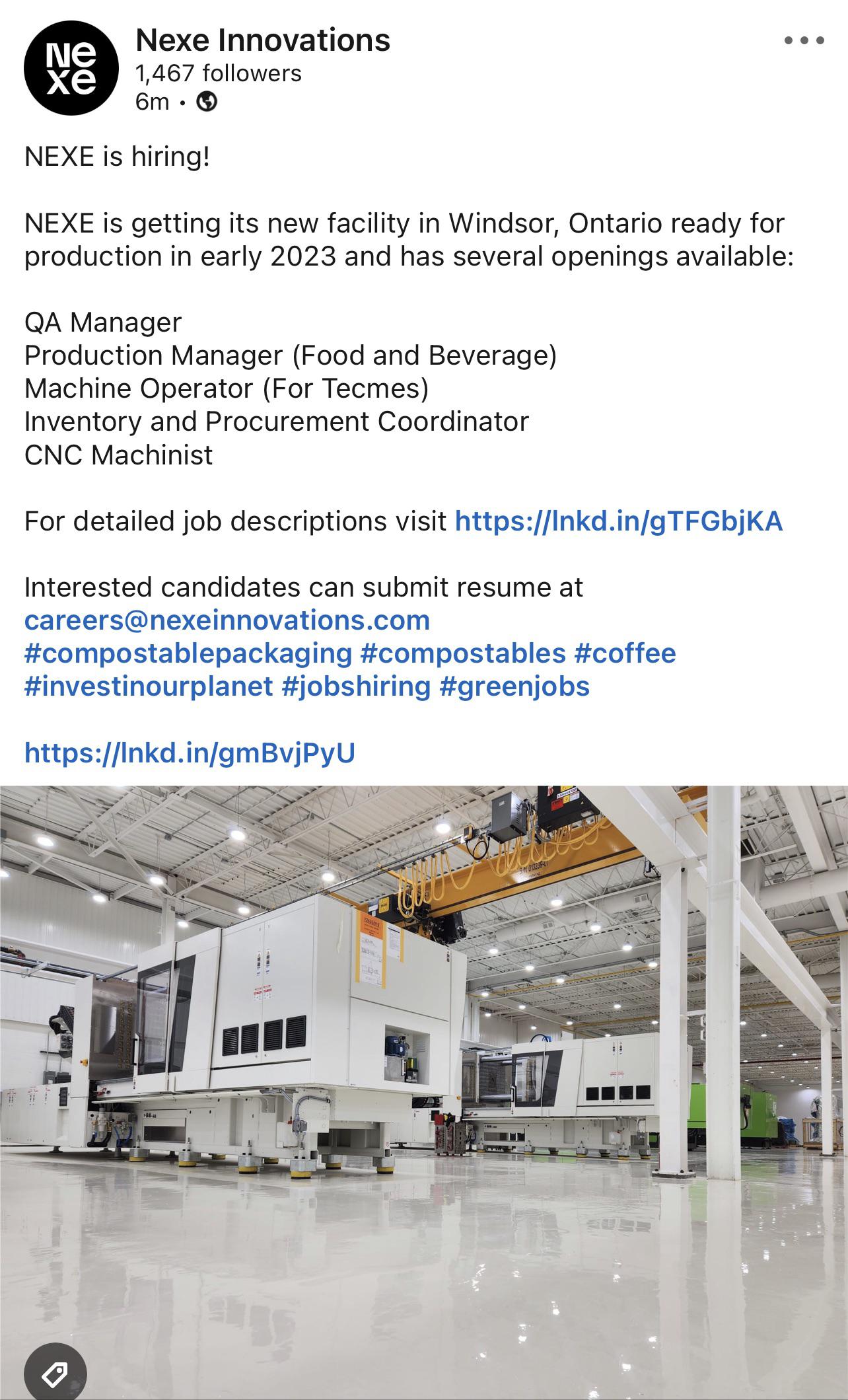 Windsor Plant Completed & Hiring! r/NEXEInnovations