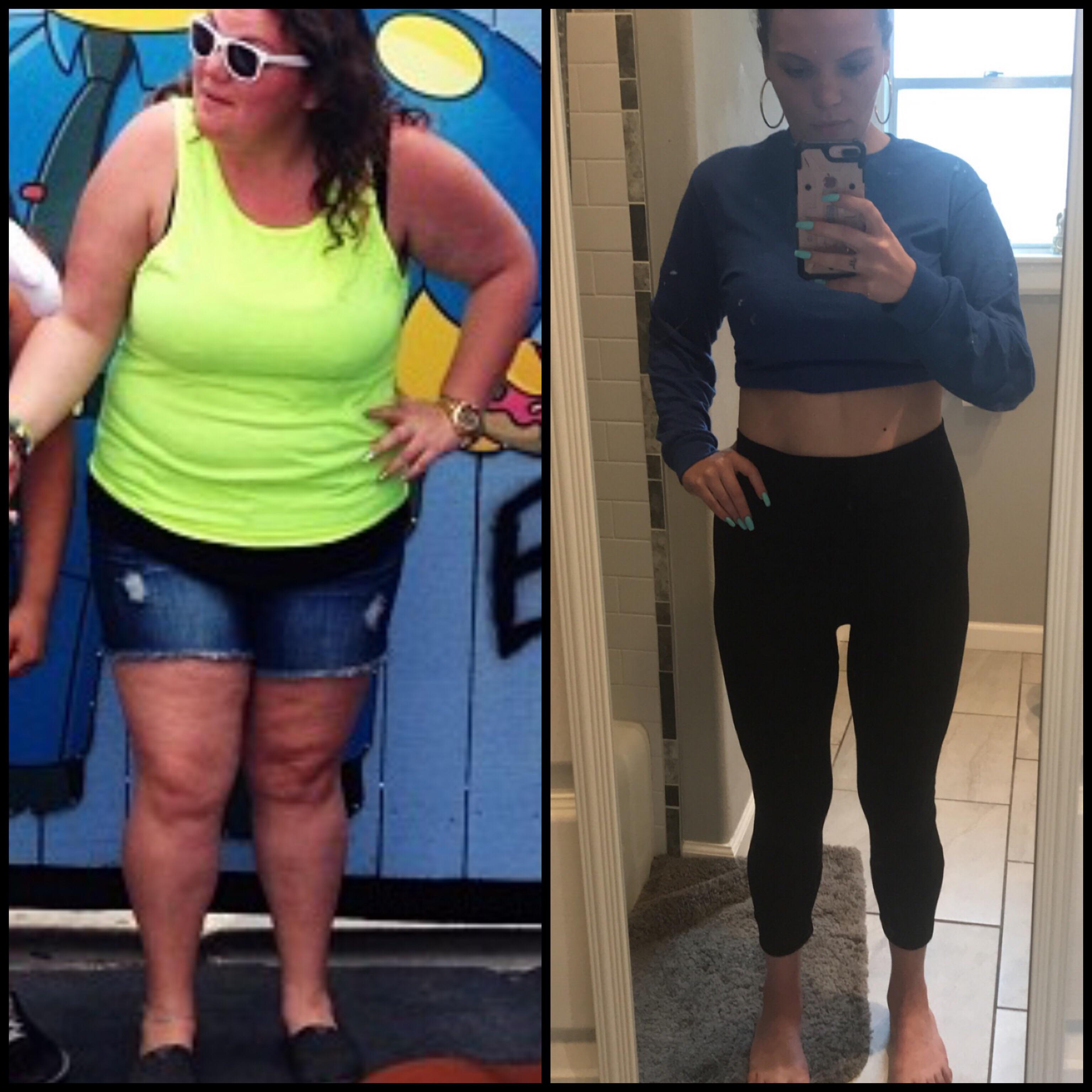 F/26/5’7” [270 lbs > 166 lbs = 104 lbs] 5 years in between the two