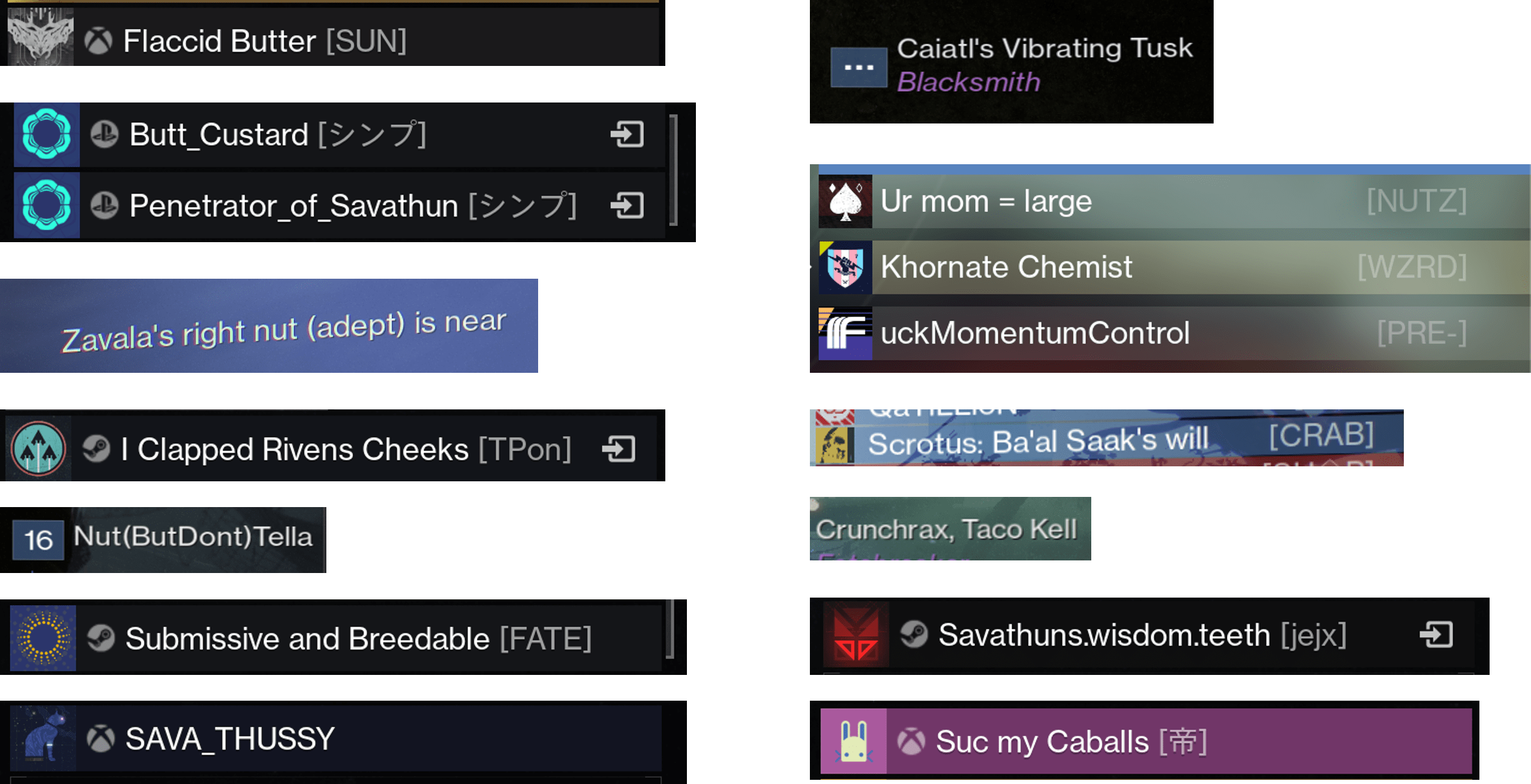 Some great usernames I've seen this season destinyusernames
