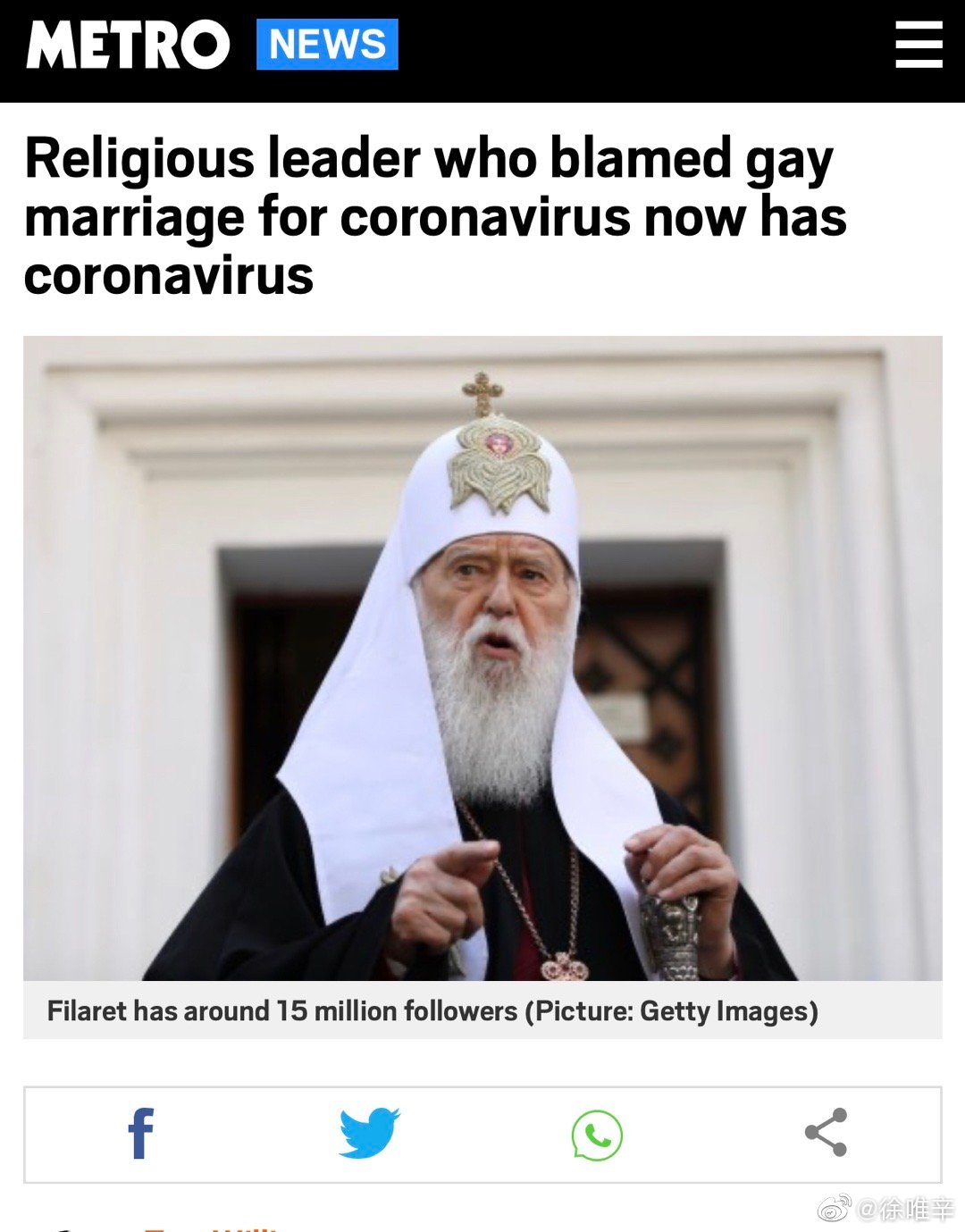 Religious leader who blamed coronavirus for gay marriage