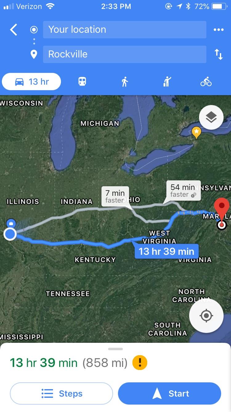 Driving from St. Louis to Rockville MD. Which route to take (duration