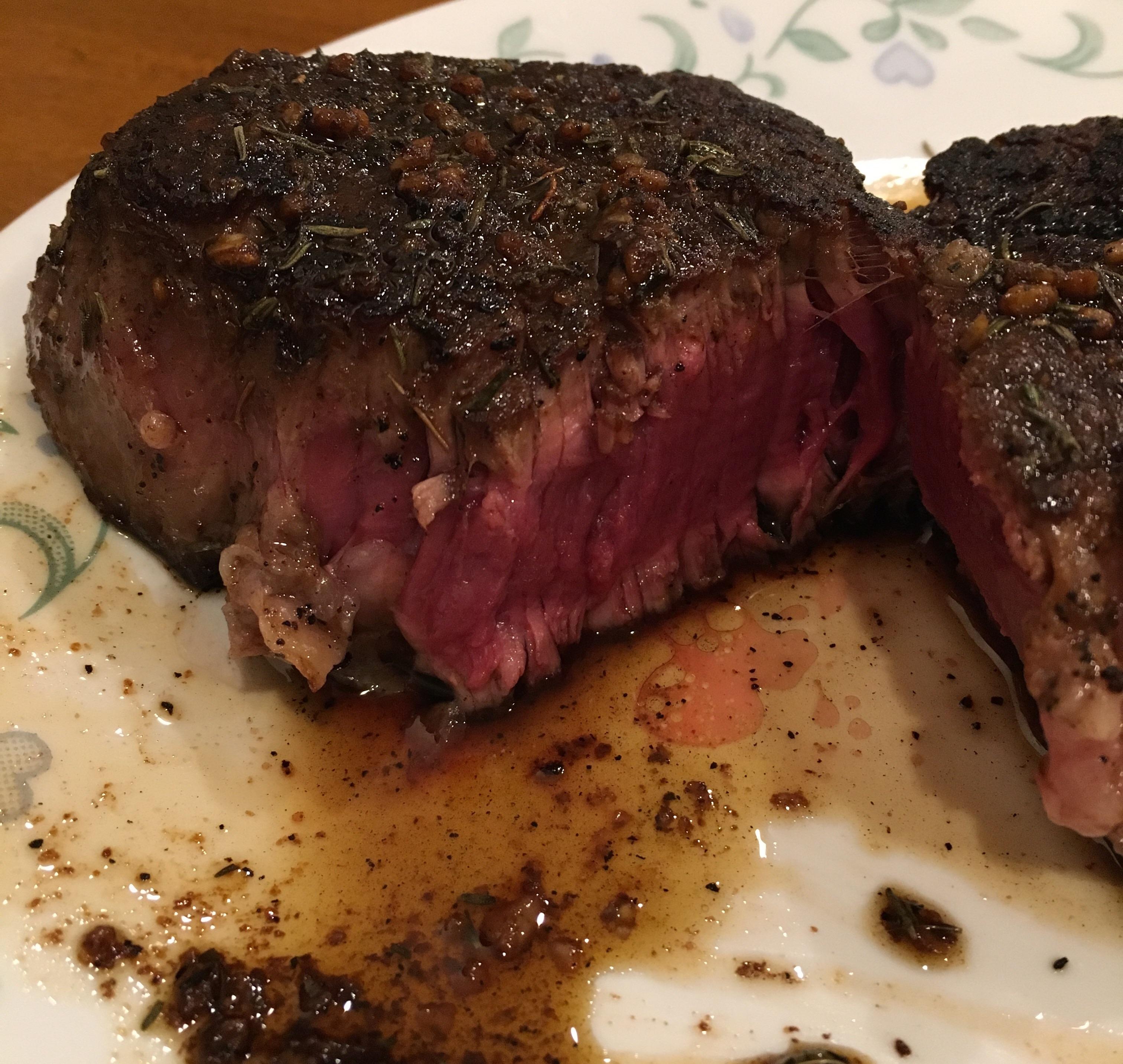 Delicious blue tenderloin with thyme + garlic deglaze sauce r/steak