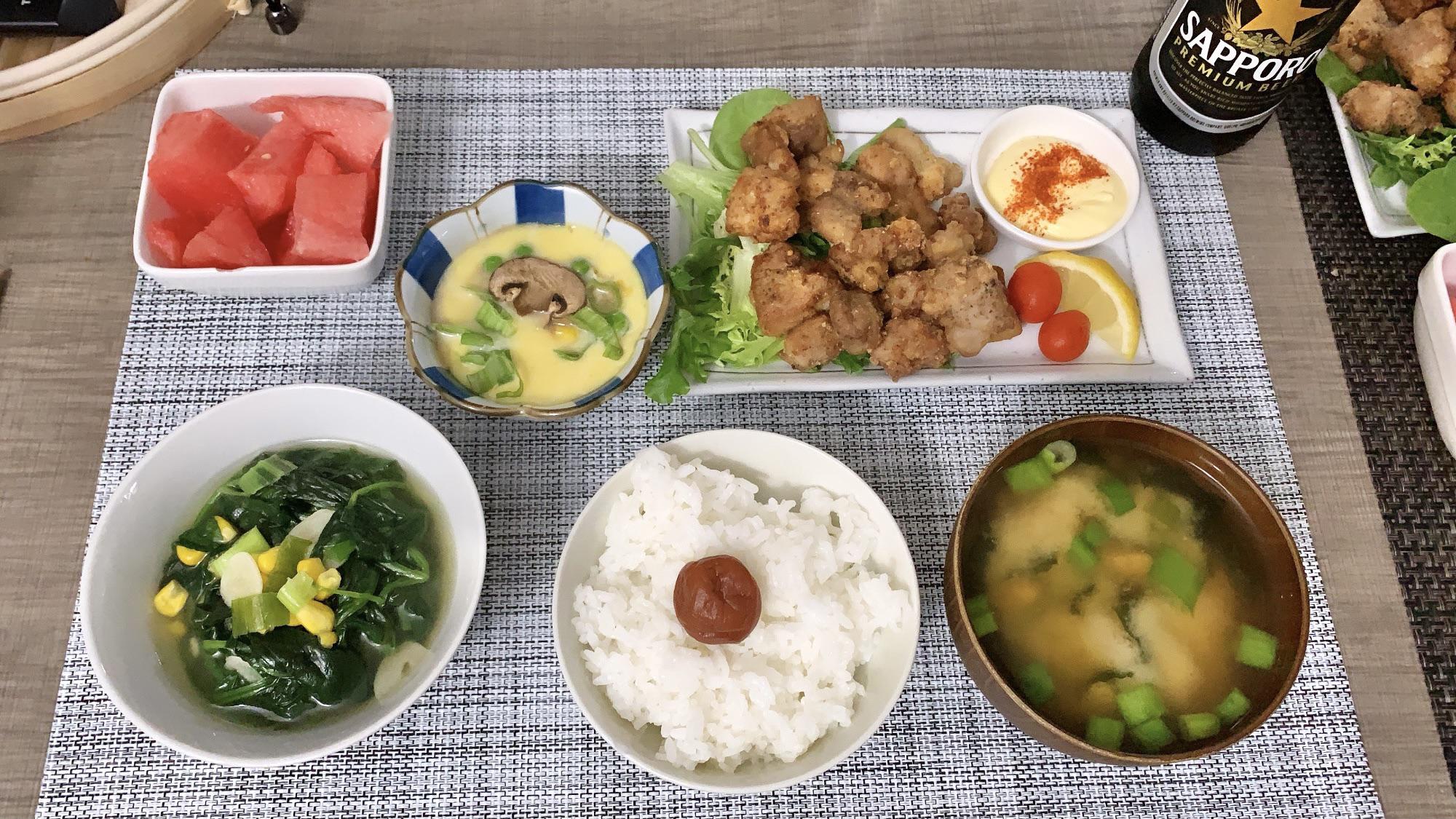 [Homemade] Chicken Karaage with Shichimi Kewpie Mayo, Chawanmushi