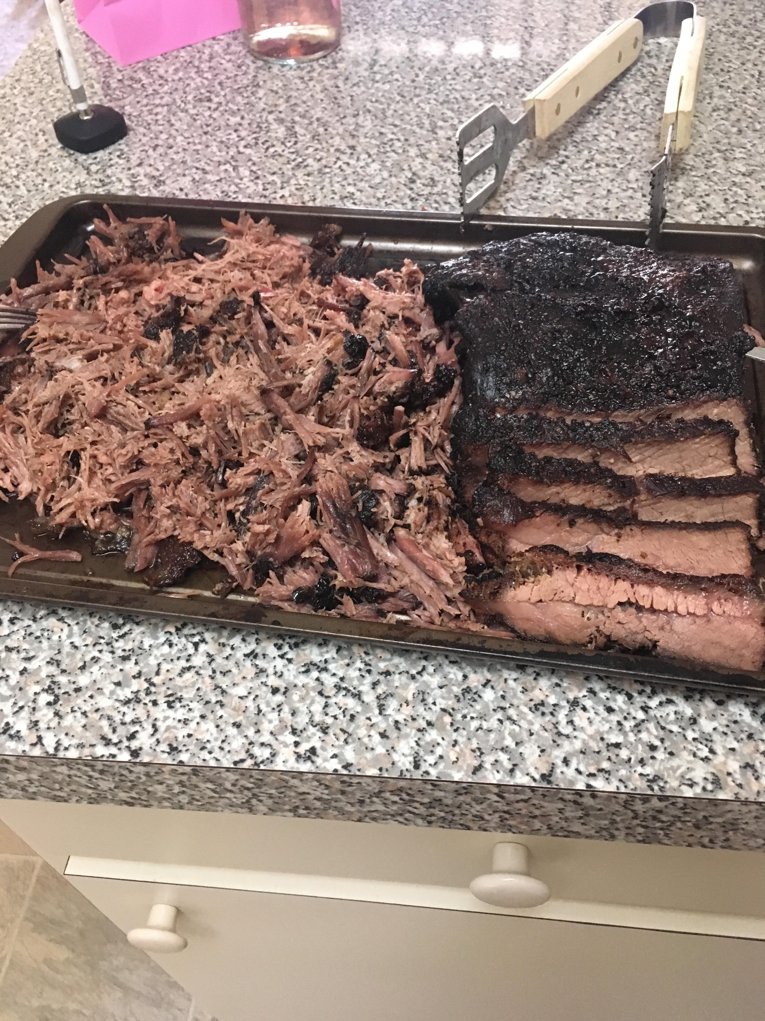 11 lb brisket. 225° to 203°. Mesquite wood. Flat was done in 9 hrs