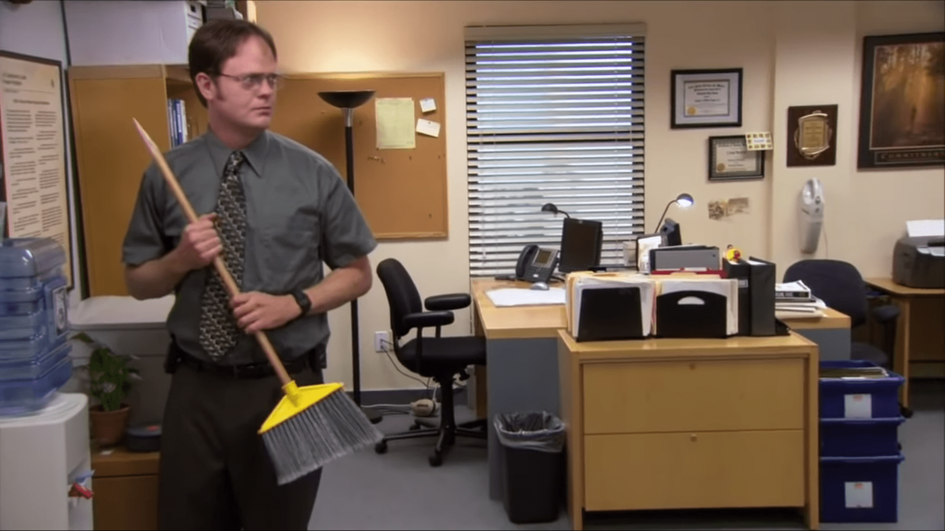 When Vampire Jim was saying goodbye to Dwight, you can see Dwight is