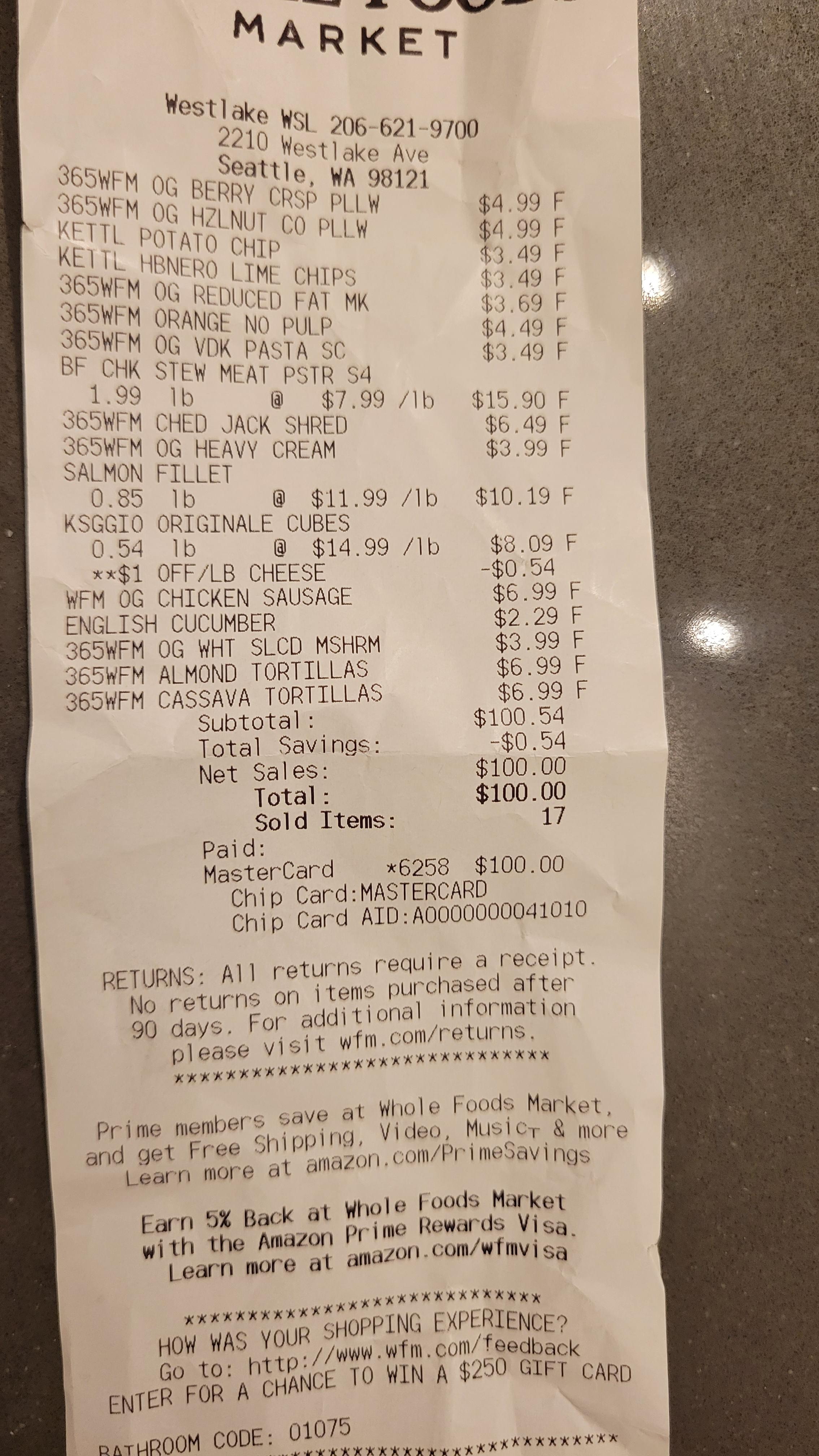 My grocery receipt came to an even 100 r/mildlyinteresting