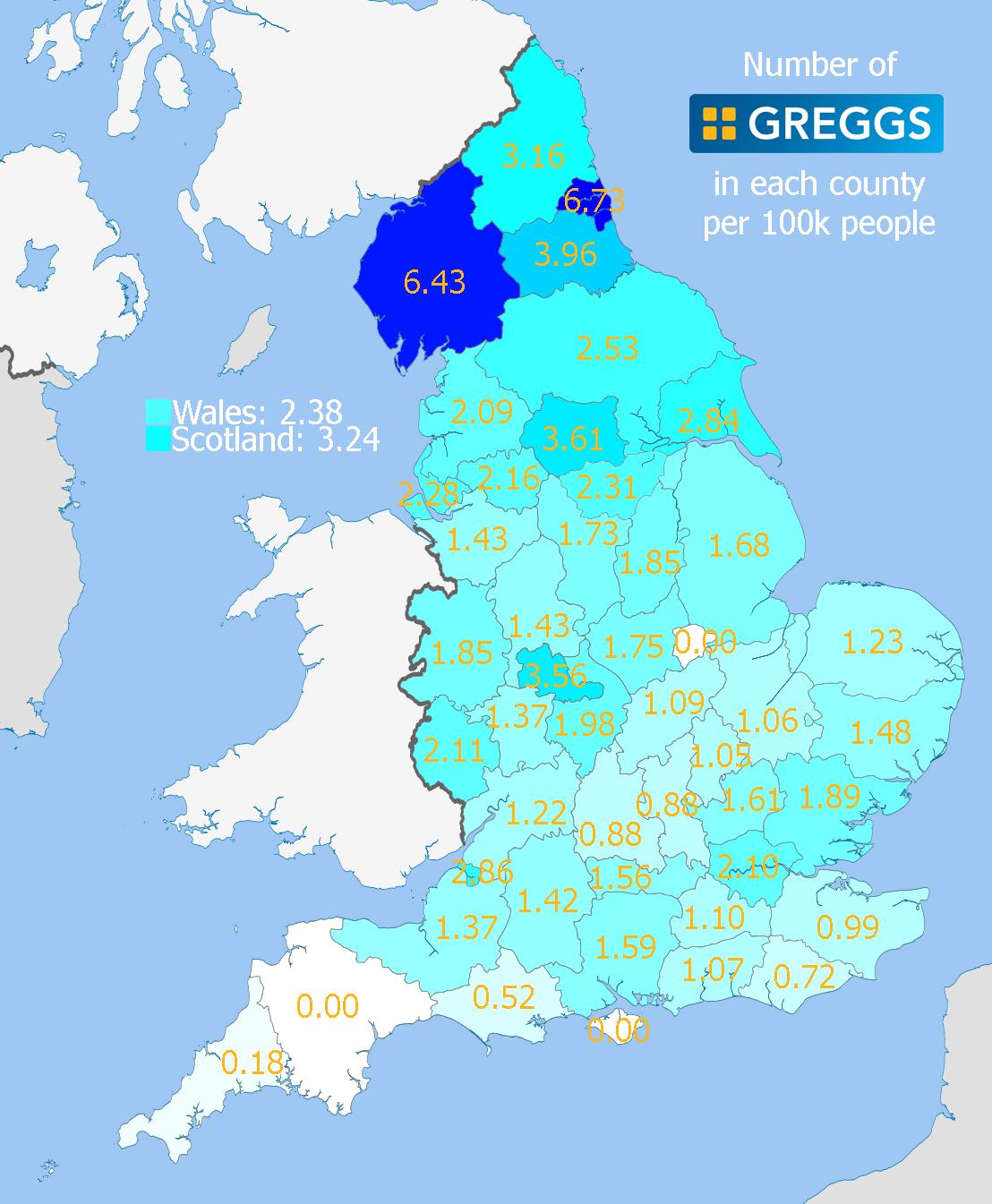[OC] England's North/South Divide The Number of Greggs bakeries per
